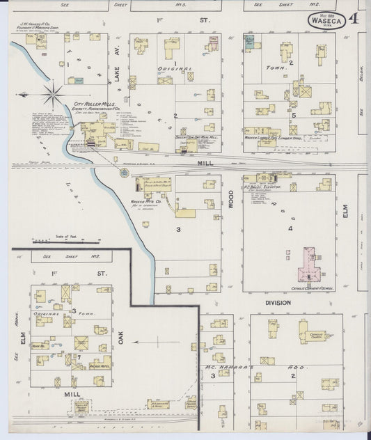 Sanborn Fire Insurance Map from Waseca, Waseca County, Minnesota (1889), Sheet #0004 - Historic Sanborn Fire Insurance Map Print, vintage old map wall art, antique decor, genealogy gift, Minnesota Minnesota map