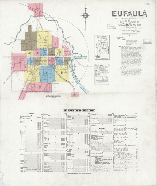 Sanborn Fire Insurance Map from Eufaula, Barbour County, Alabama (1930), Sheet #0001 - Historic Sanborn Fire Insurance Map Print, vintage old map wall art, antique decor, genealogy gift, Alabama Alabama map