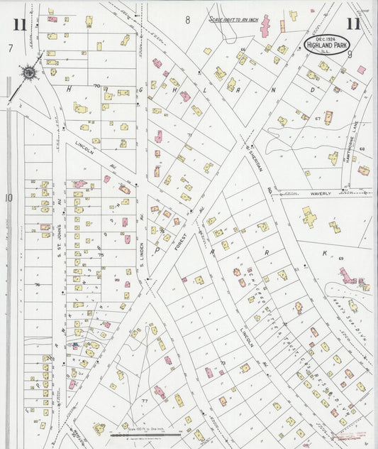 Sanborn Fire Insurance Map from Highland Park, Lake County, Illinois (1924), Sheet #0011 - Historic Sanborn Fire Insurance Map Print, vintage old map wall art, antique decor, genealogy gift, Illinois Illinois map