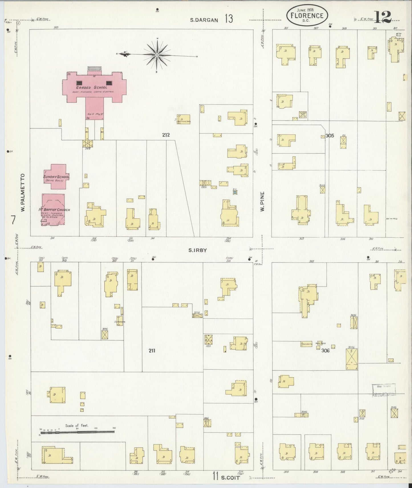 Sanborn Fire Insurance Map from Florence, Florence County, South Carolina (1908), Sheet #0012 - Complete Map Set gallery image, historic Sanborn map, vintage wall art, South Carolina South Carolina