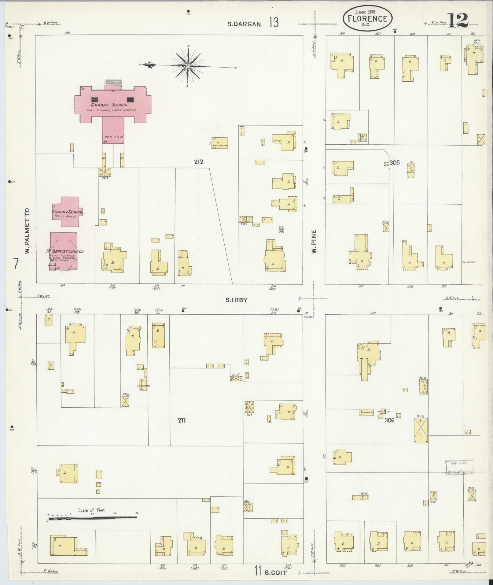 Sanborn Fire Insurance Map from Florence, Florence County, South Carolina (1908), Sheet #0012 - Complete Map Set gallery image, historic Sanborn map, vintage wall art, South Carolina South Carolina