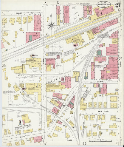 Sanborn Fire Insurance Map from Greensboro, Guilford County, North Carolina (1907), Sheet #0021 - Complete Map Set gallery image, historic Sanborn map, vintage wall art, North Carolina North Carolina
