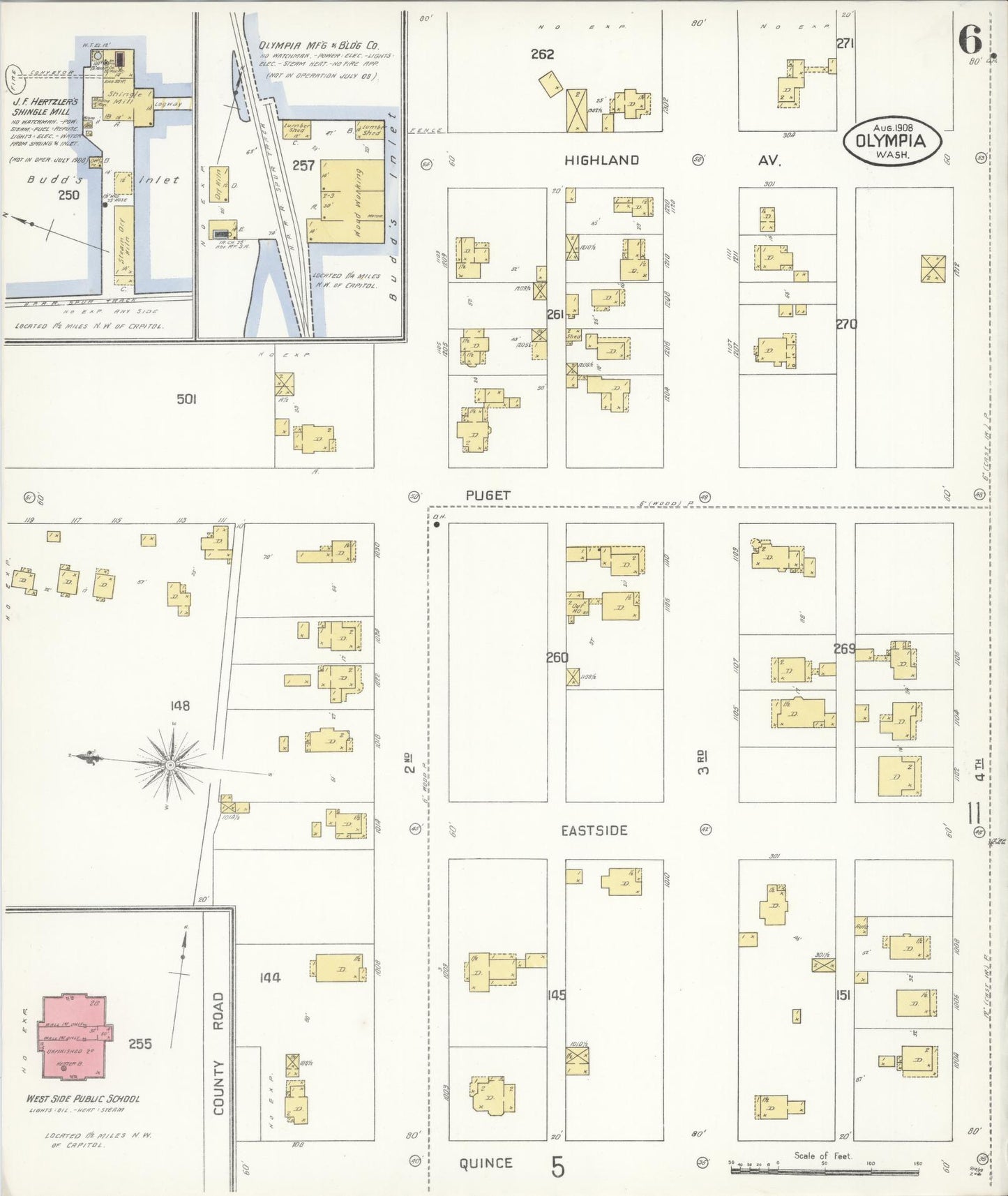 Sanborn Fire Insurance Map from Olympia, Thurston County, Washington (1908), Sheet #0006 - Complete Map Set gallery image, historic Sanborn map, vintage wall art, Washington Washington