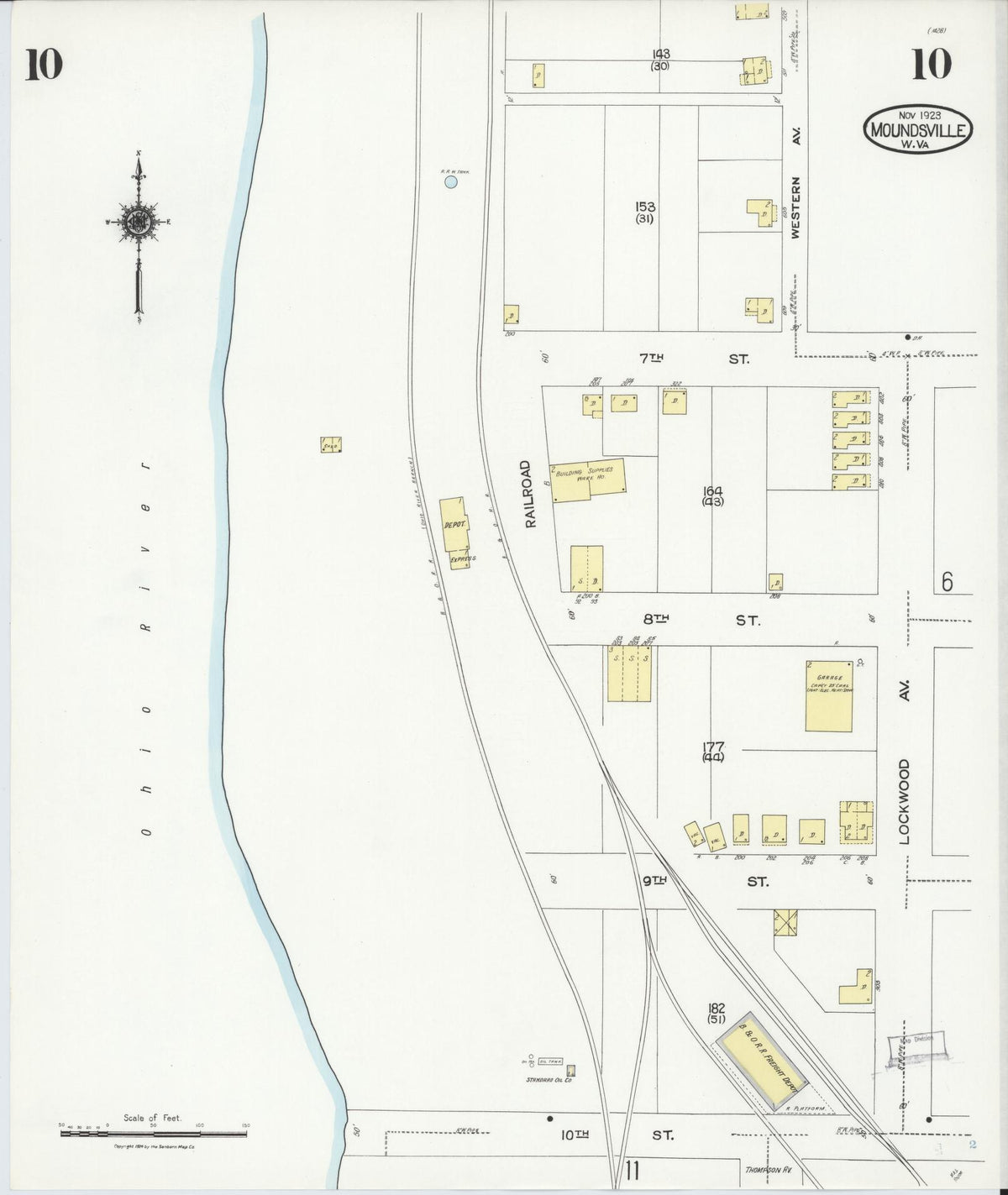 Sanborn Fire Insurance Map from Moundsville, Marshall County, West Virginia (1923), Sheet #0010 - Historic Sanborn Fire Insurance Map Print, vintage old map wall art, antique decor, genealogy gift, West Virginia West Virginia map