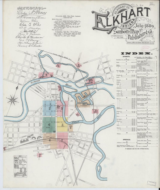 Sanborn Fire Insurance Map from Elkhart, Elkhart County, Indiana (1889), Sheet #0001 - Historic Sanborn Fire Insurance Map Print, vintage old map wall art, antique decor, genealogy gift, Indiana Indiana map