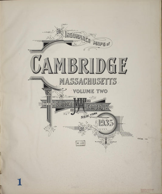Sanborn Fire Insurance Map from Cambridge, Middlesex County, Massachusetts (1935), Sheet #0001 - Historic Sanborn Fire Insurance Map Print, vintage old map wall art, antique decor, genealogy gift, Massachusetts Massachusetts map