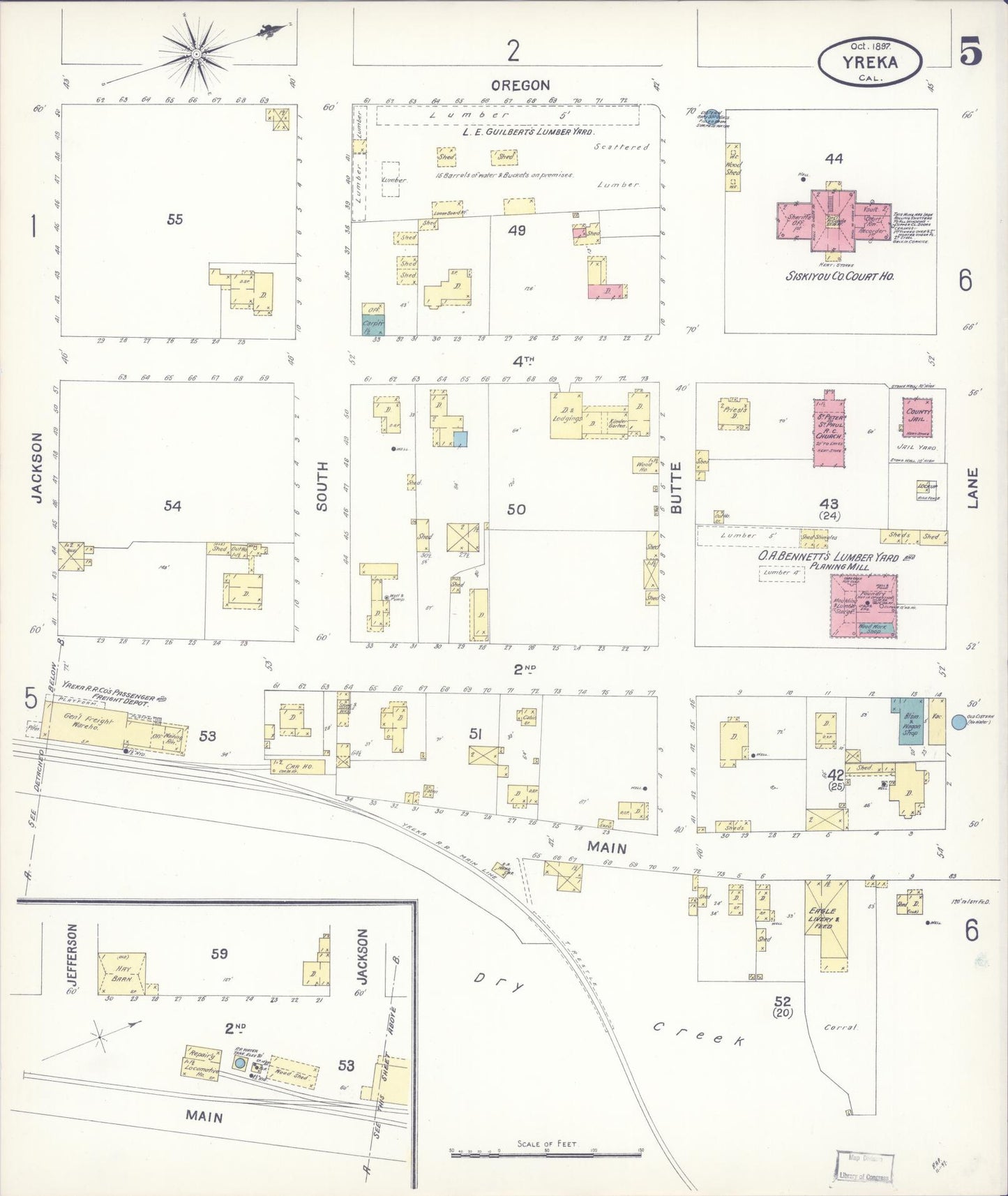 Sanborn Fire Insurance Map from Yreka, Siskiyou County, California (1897), Sheet #0005 - Complete Map Set gallery image, historic Sanborn map, vintage wall art, California California