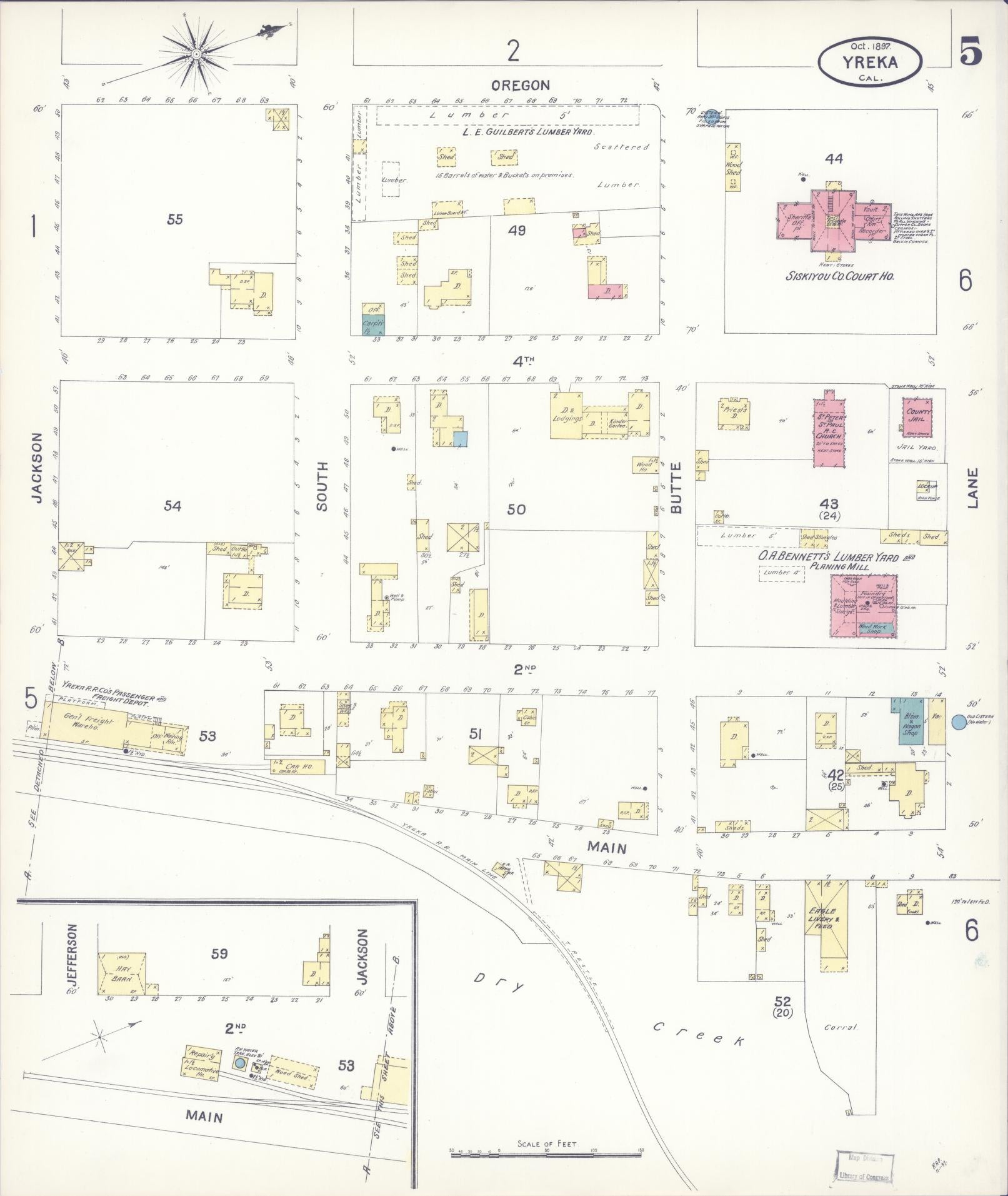 Sanborn Fire Insurance Map from Yreka, Siskiyou County, California (1897), Sheet #0005 - Complete Map Set gallery image, historic Sanborn map, vintage wall art, California California