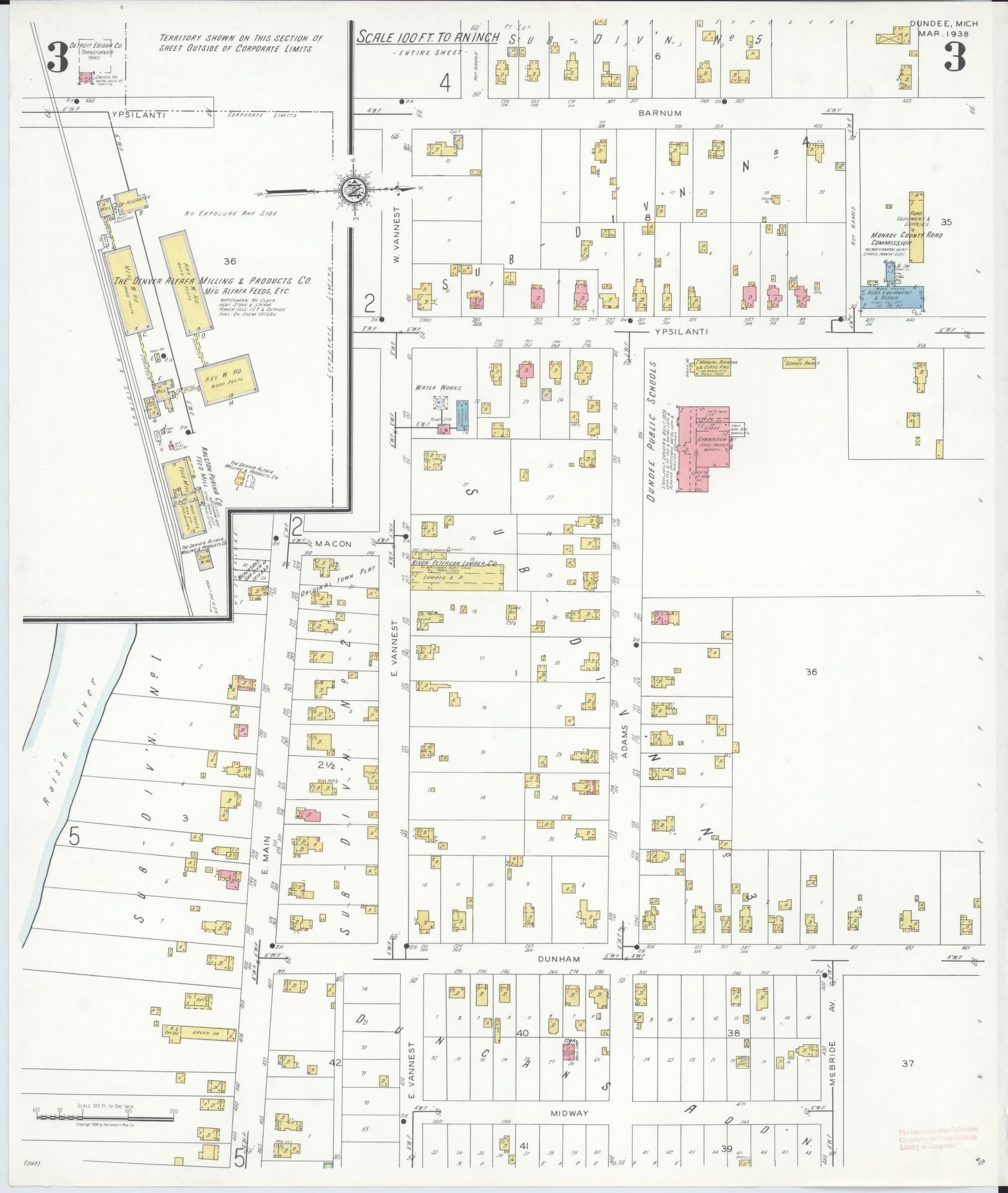 Sanborn Fire Insurance Map from Dundee, Monroe County, Michigan (1938), Sheet #0003 - Historic Sanborn Fire Insurance Map Print, vintage old map wall art, antique decor, genealogy gift, Michigan Michigan map