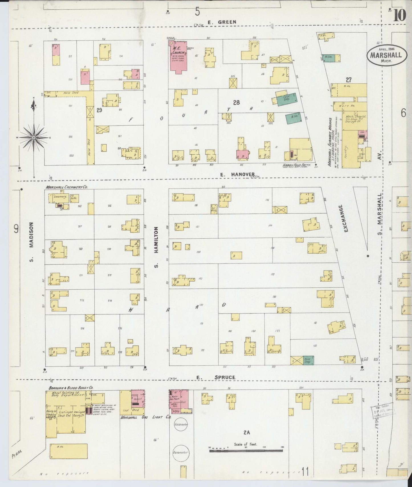 Sanborn Fire Insurance Map from Marshall, Calhoun County, Michigan (1906), Sheet #0010 - Historic Sanborn Fire Insurance Map Print, vintage old map wall art, antique decor, genealogy gift, Michigan Michigan map