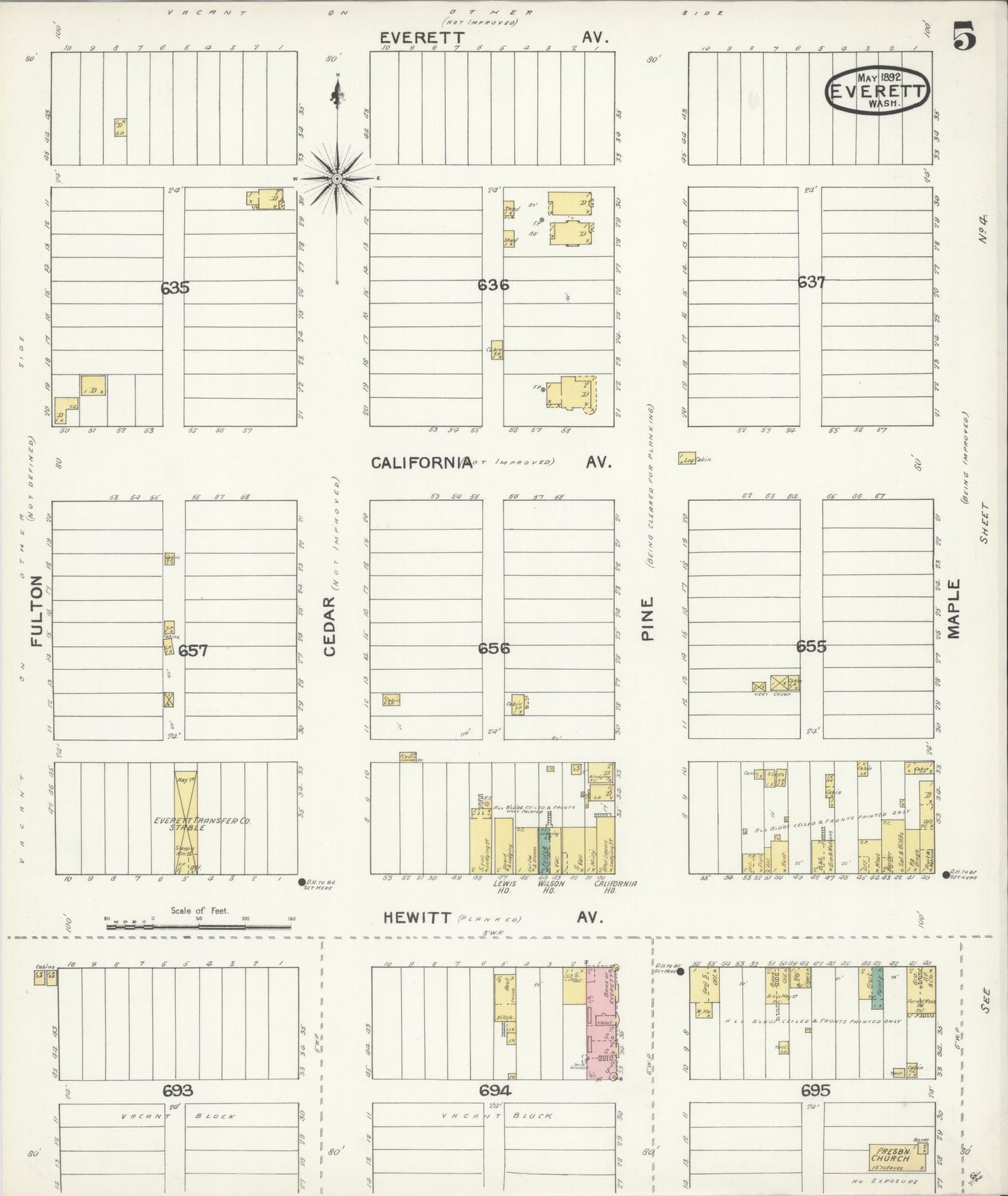 Sanborn Fire Insurance Map from Everett, Snohomish County, Washington (1892), Sheet #0005 - Historic Sanborn Fire Insurance Map Print, vintage old map wall art, antique decor, genealogy gift, Washington Washington map