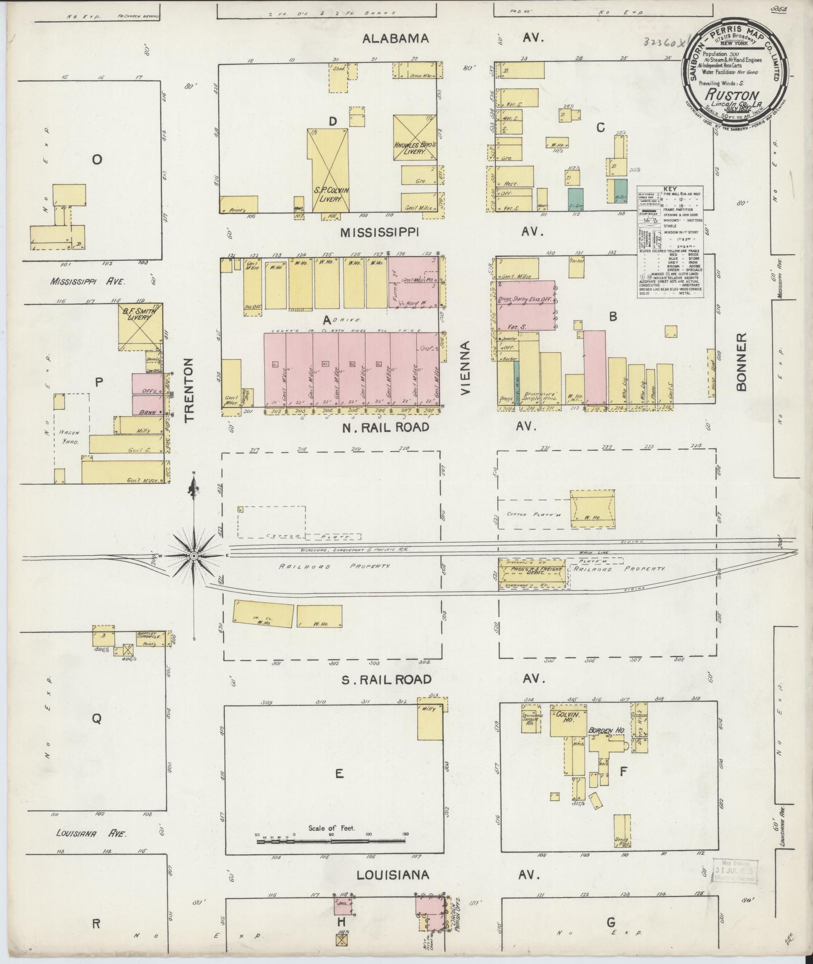 Sanborn Fire Insurance Map from Ruston, Lincoln Parish, Louisiana. (1892) – Historic Sanborn Fire Insurance Map Print
