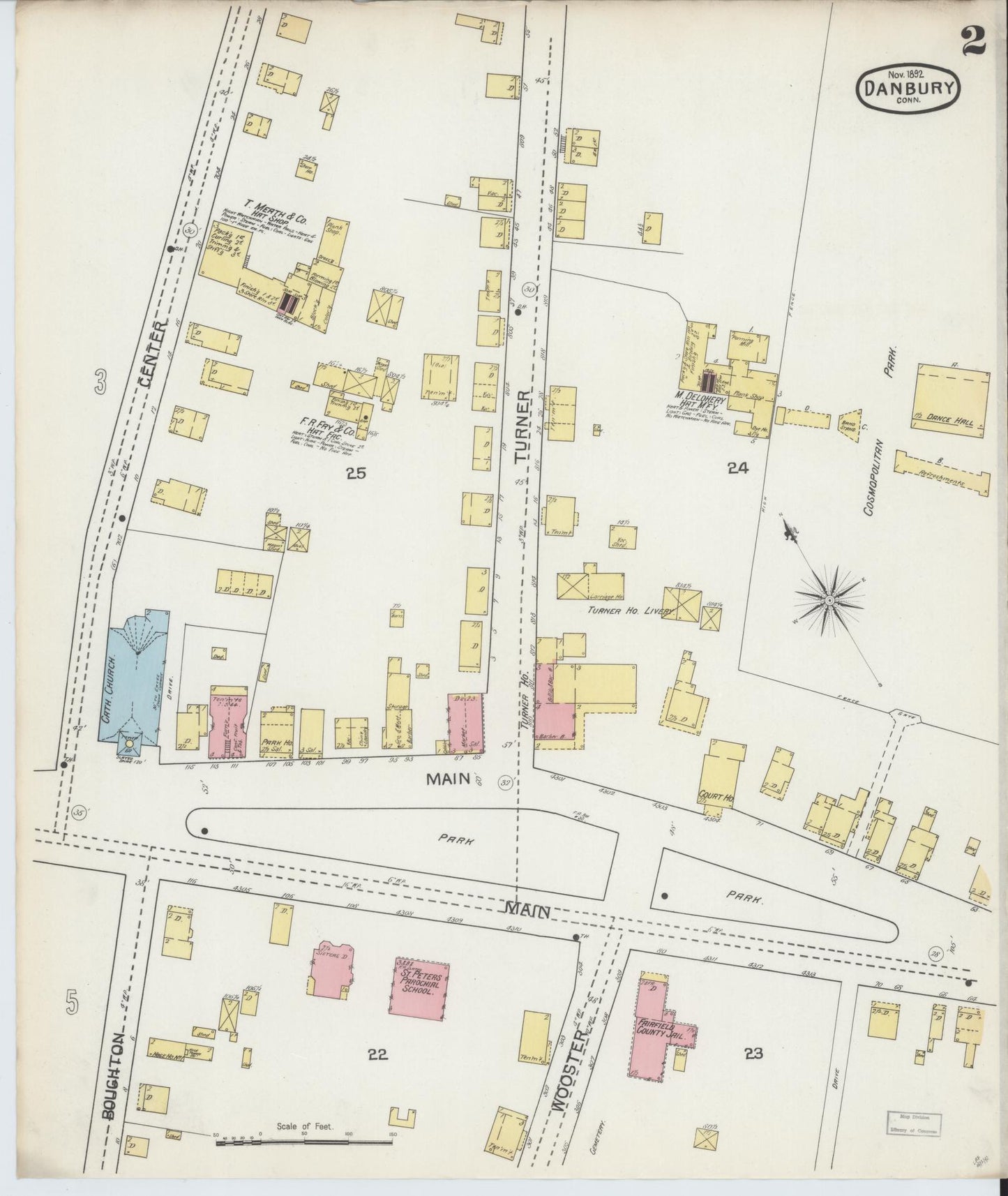 Sanborn Fire Insurance Map from Danbury, Fairfield County, Connecticut (1892), Sheet #0002 - Historic Sanborn Fire Insurance Map Print, vintage old map wall art, antique decor, genealogy gift, Connecticut Connecticut map