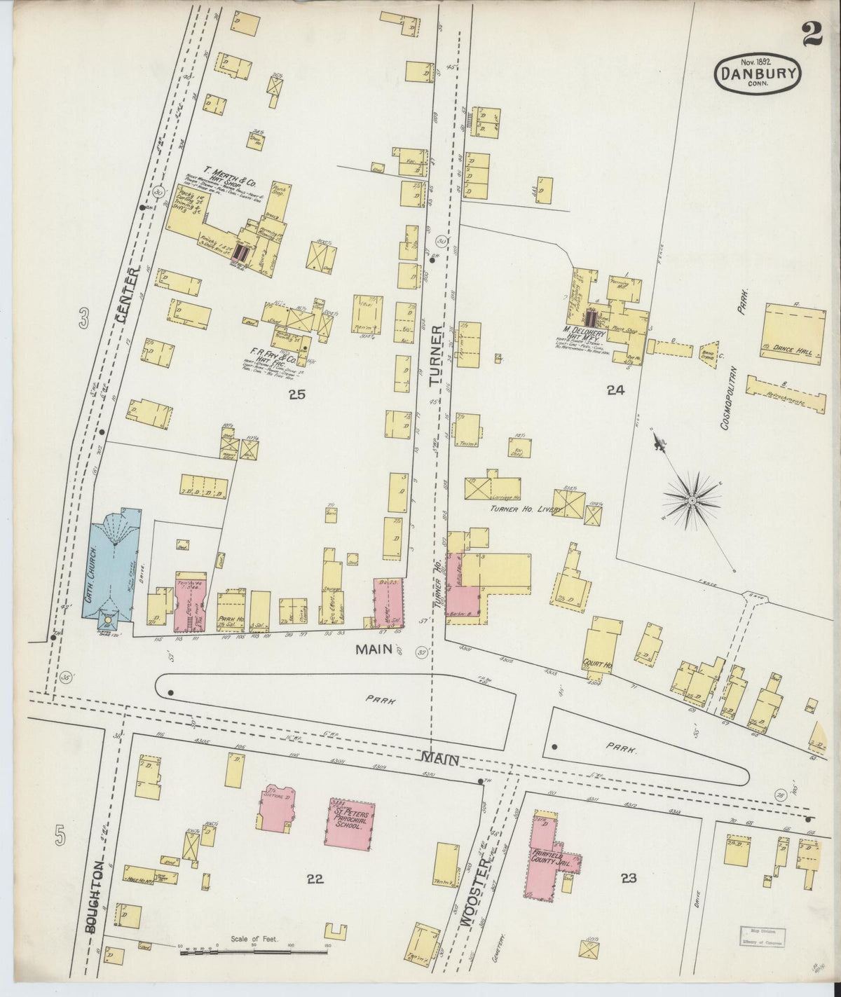 Sanborn Fire Insurance Map from Danbury, Fairfield County, Connecticut (1892), Sheet #0002 - Historic Sanborn Fire Insurance Map Print, vintage old map wall art, antique decor, genealogy gift, Connecticut Connecticut map