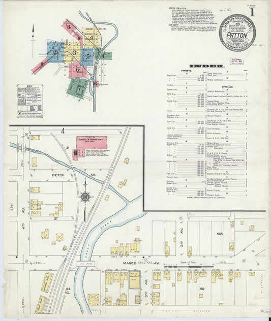 Sanborn Fire Insurance Map from Patton, Cambria County, Pennsylvania (1910), Sheet #0001 - Historic Sanborn Fire Insurance Map Print, vintage old map wall art, antique decor, genealogy gift, Pennsylvania Pennsylvania map