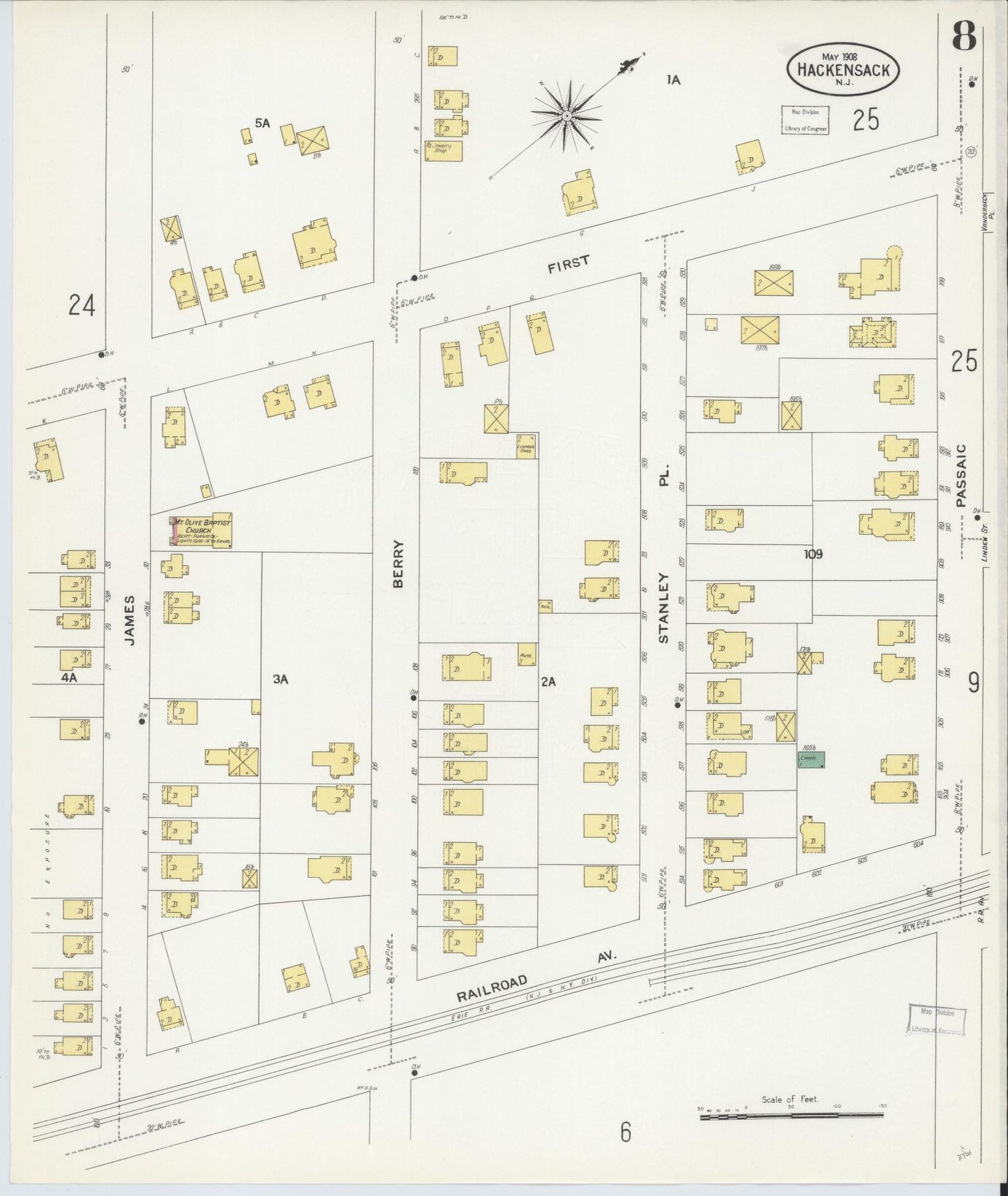 Sanborn Fire Insurance Map from Hackensack, Bergen County, New Jersey (1908), Sheet #0008 - Complete Map Set gallery image, historic Sanborn map, vintage wall art, New Jersey New Jersey