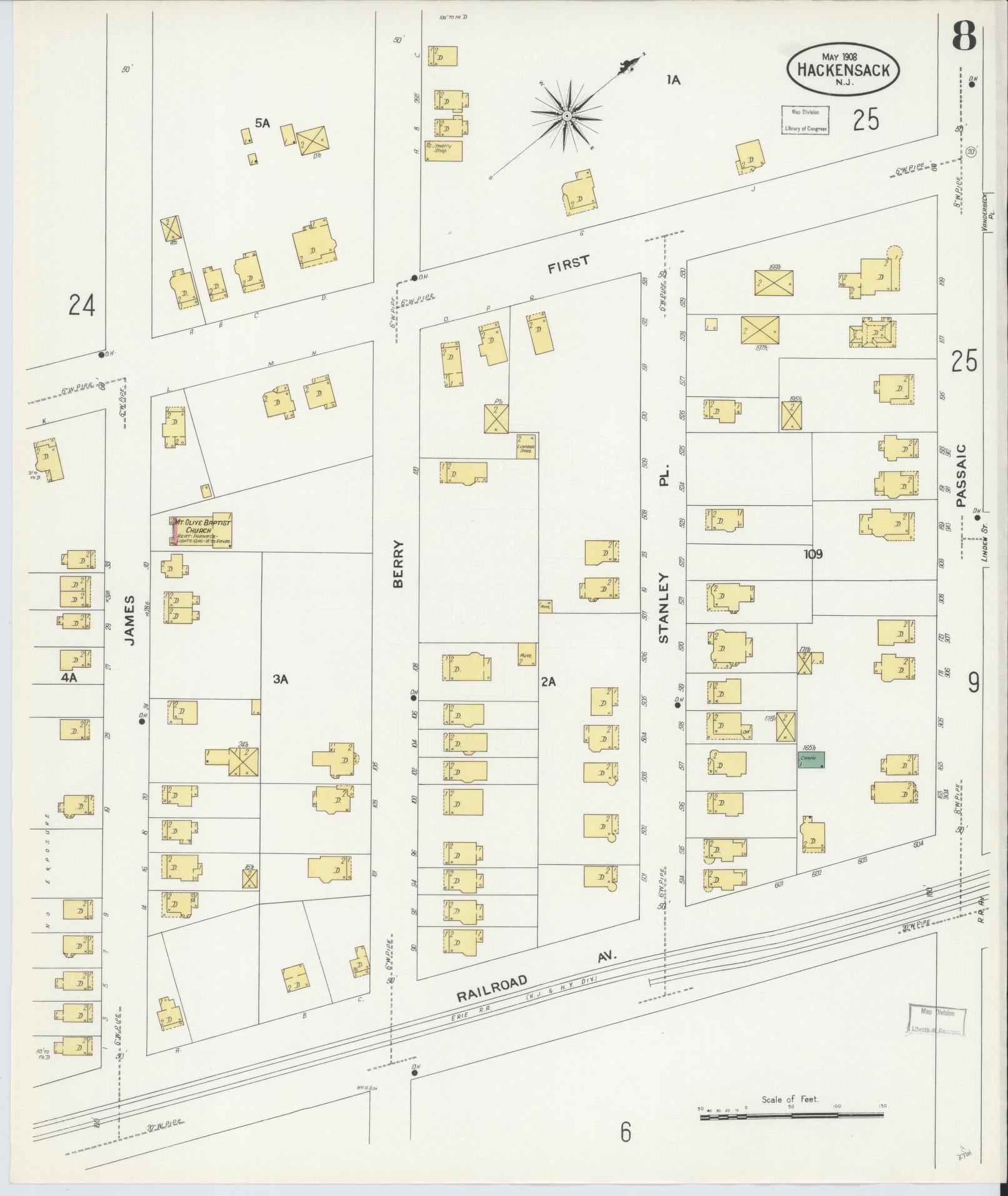 Sanborn Fire Insurance Map from Hackensack, Bergen County, New Jersey (1908), Sheet #0008 - Complete Map Set gallery image, historic Sanborn map, vintage wall art, New Jersey New Jersey