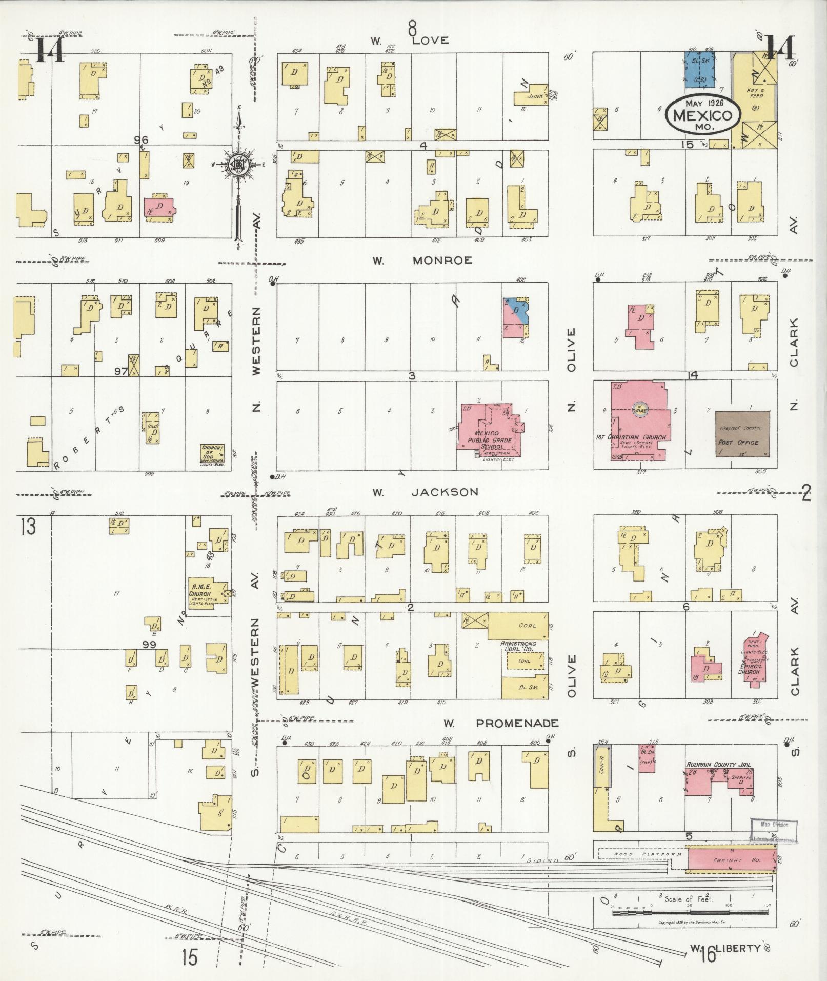Sanborn Fire Insurance Map from Mexico, Audrain County, Missouri (1926), Sheet #0014 - Historic Sanborn Fire Insurance Map Print, vintage old map wall art, antique decor, genealogy gift, Missouri Missouri map