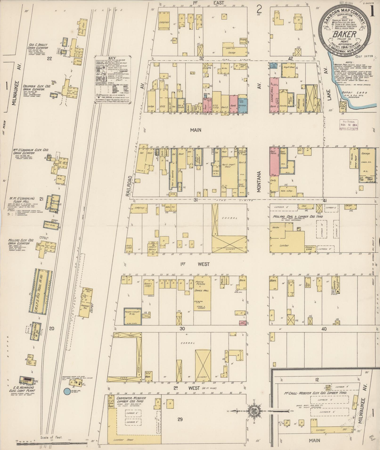 Sanborn Fire Insurance Map from Baker, Fallon County, Montana (1914), Sheet #0001 - Complete Map Set gallery image, historic Sanborn map, vintage wall art, Montana Montana