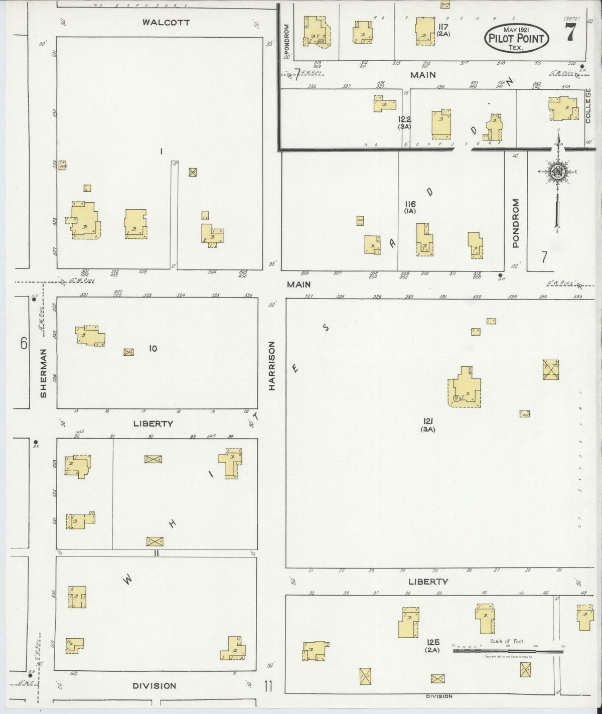 Sanborn Fire Insurance Map from Pilot Point, Denton County, Texas (1921), Sheet #0007 - Complete Map Set gallery image, historic Sanborn map, vintage wall art, Texas Texas