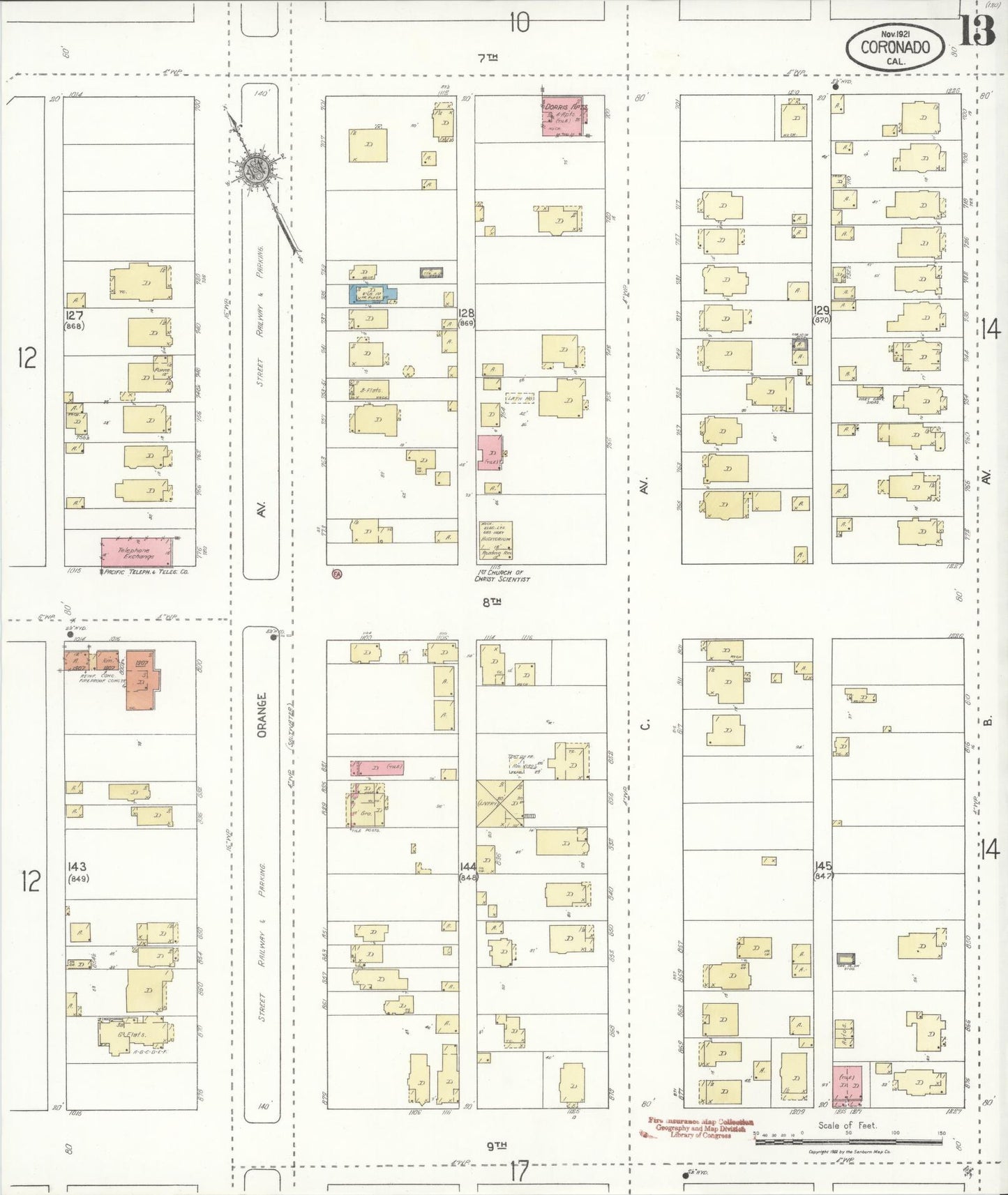 Sanborn Fire Insurance Map from Coronado, San Diego County, California (1921), Sheet #0013 - Historic Sanborn Fire Insurance Map Print, vintage old map wall art, antique decor, genealogy gift, California California map