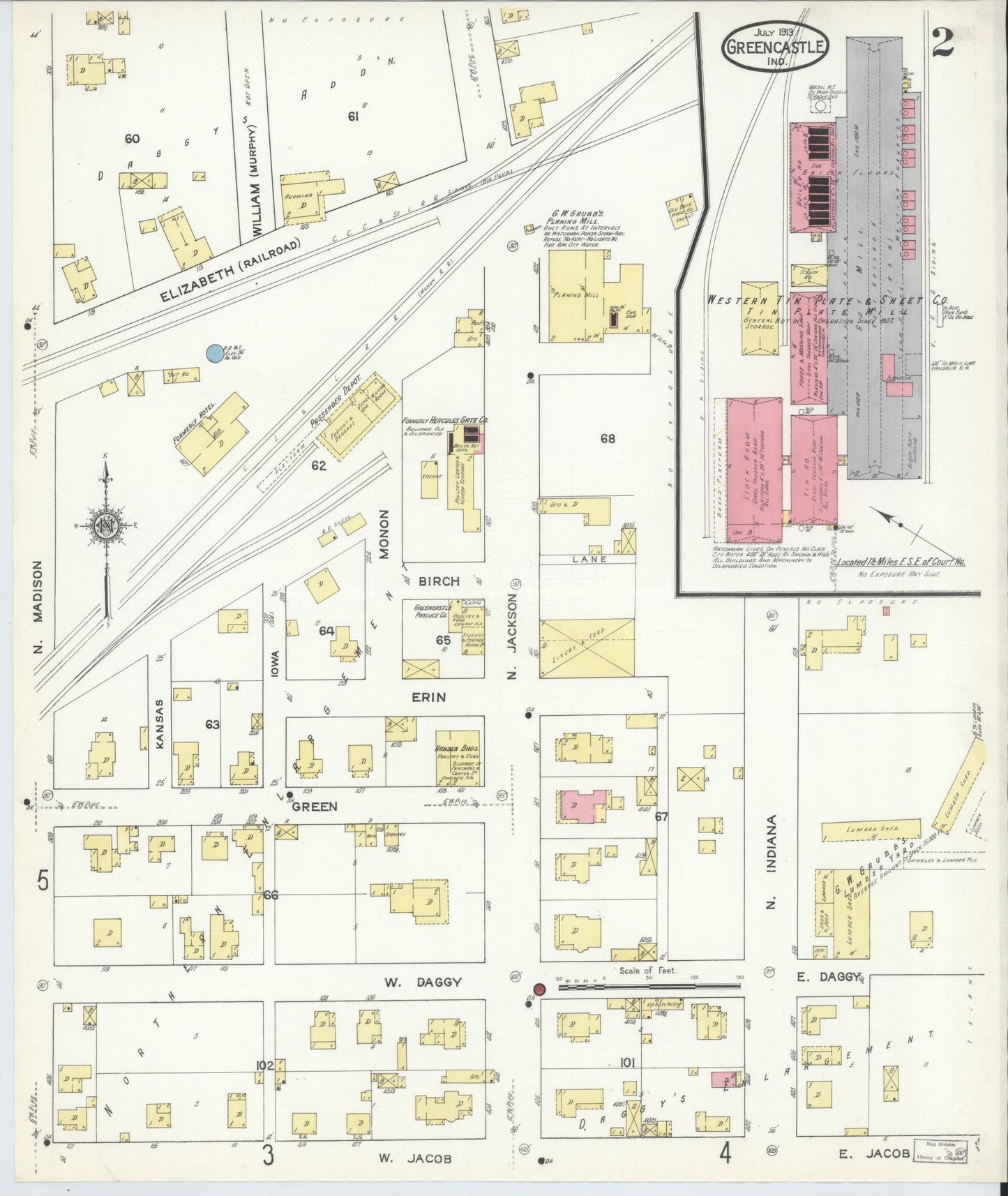 Sanborn Fire Insurance Map from Greencastle, Putnam County, Indiana (1913), Sheet #0002 - Complete Map Set gallery image, historic Sanborn map, vintage wall art, Indiana Indiana