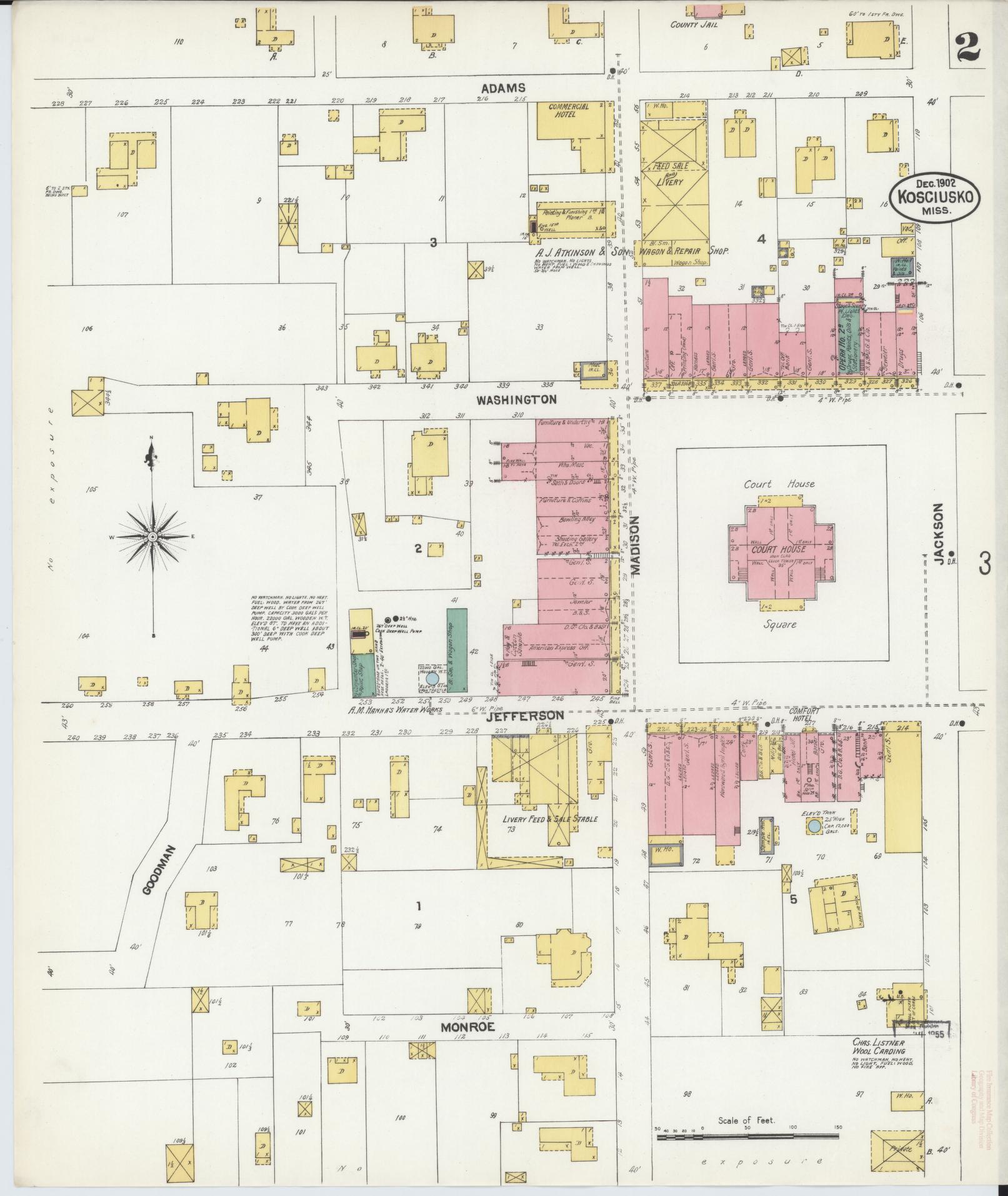 Sanborn Fire Insurance Map from Kosciusko, Attala County, Mississippi (1902), Sheet #0002 - Historic Sanborn Fire Insurance Map Print, vintage old map wall art, antique decor, genealogy gift, Mississippi Mississippi map