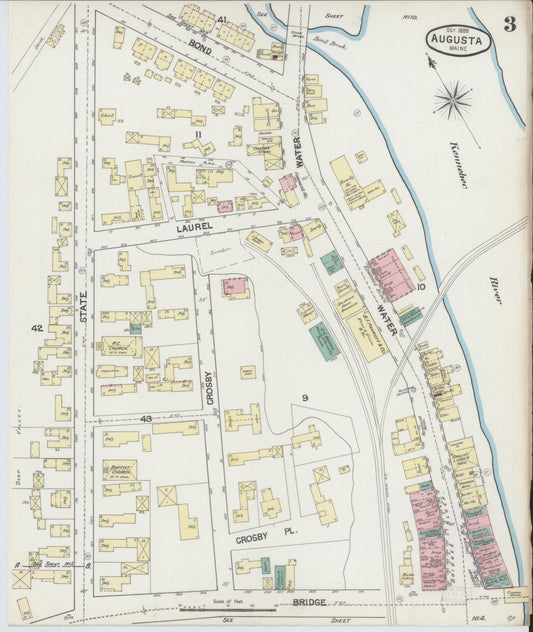 Sanborn Fire Insurance Map from Augusta, Kennebec County, Maine (1889), Sheet #0003 - Historic Sanborn Fire Insurance Map Print, vintage old map wall art, antique decor, genealogy gift, Maine Maine map