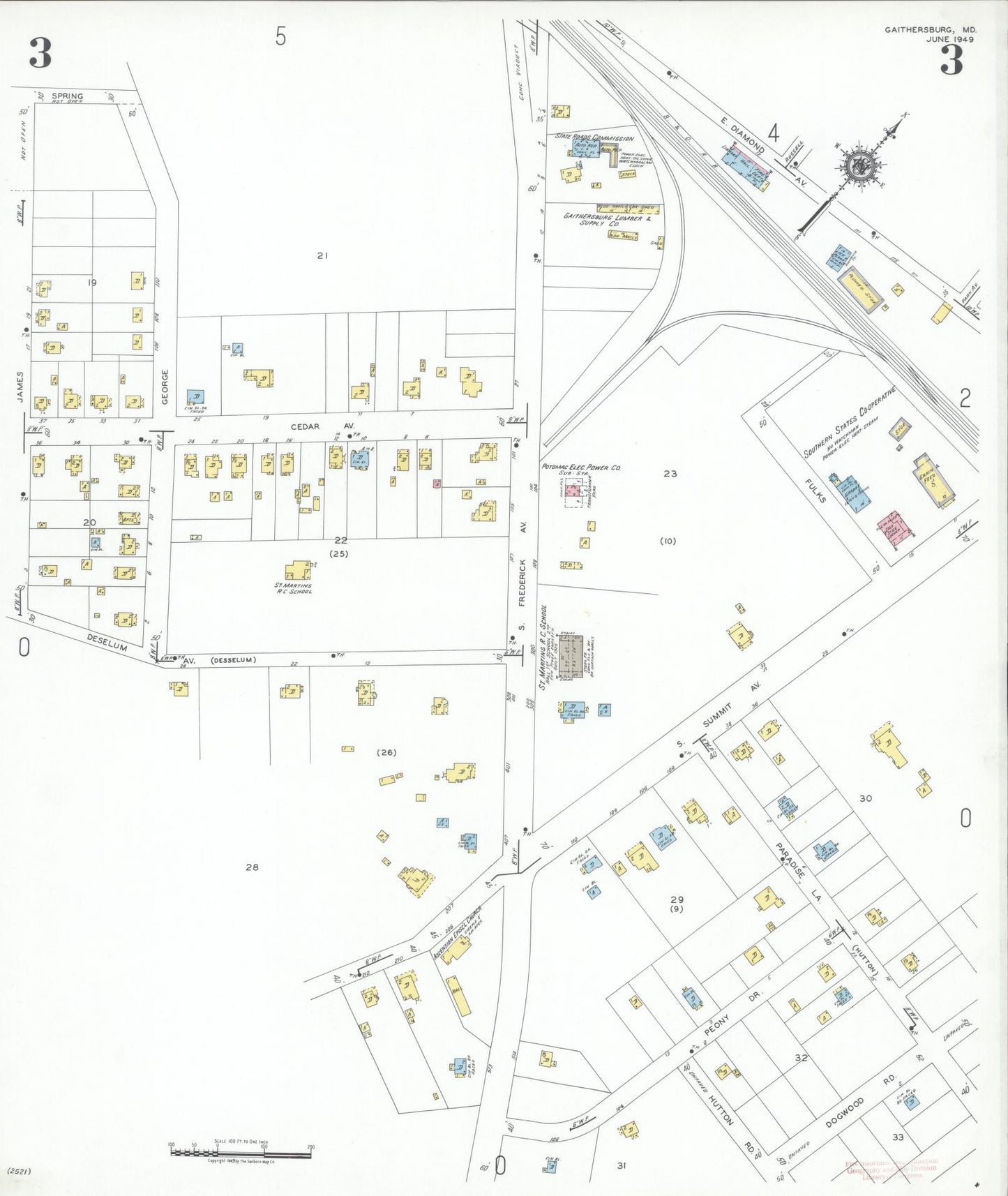 Sanborn Fire Insurance Map from Gaithersburg, Montgomery County, Maryland (1949), Sheet #0003 - Historic Sanborn Fire Insurance Map Print, vintage old map wall art, antique decor, genealogy gift, Maryland Maryland map