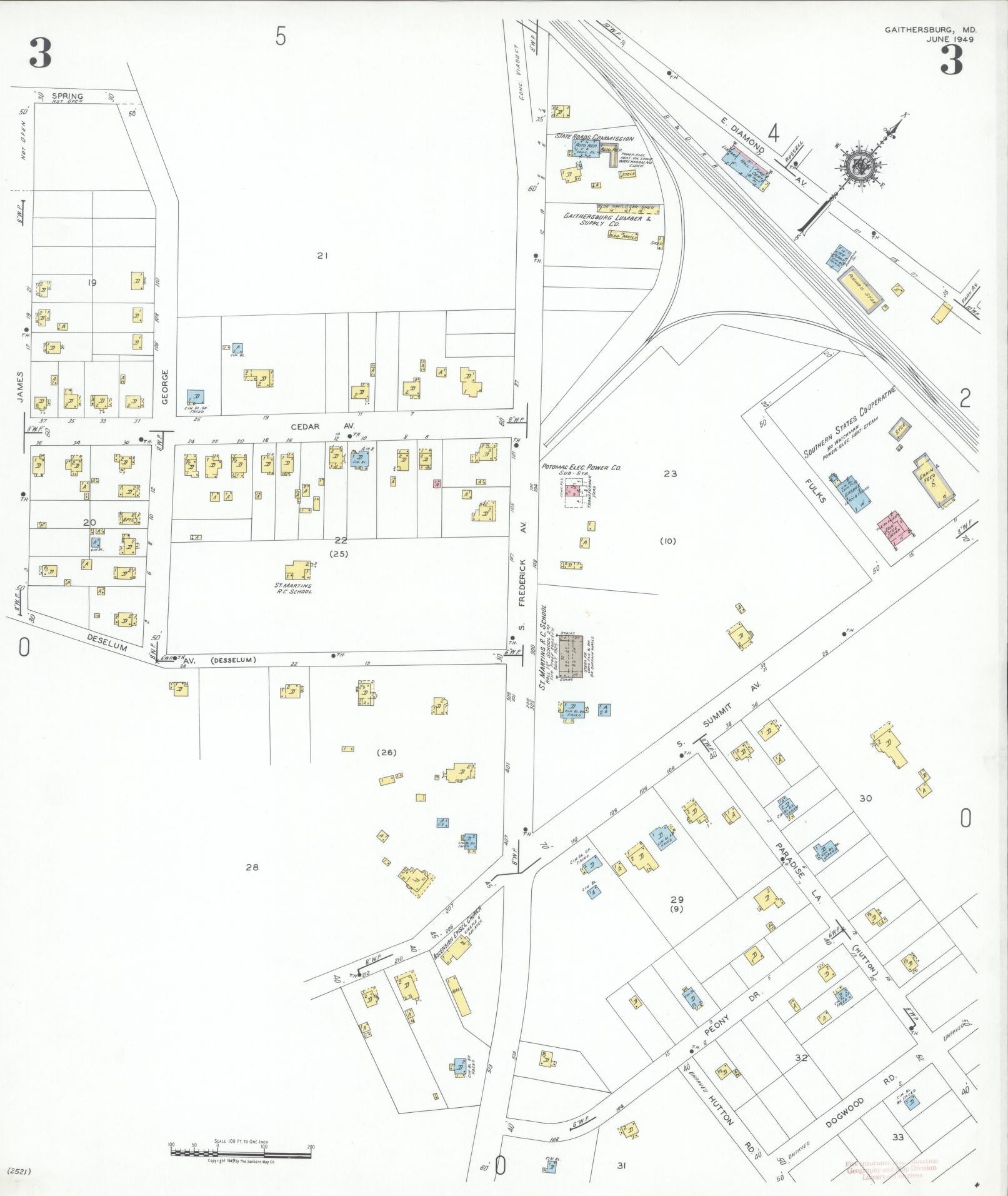 Sanborn Fire Insurance Map from Gaithersburg, Montgomery County, Maryland (1949), Sheet #0003 - Historic Sanborn Fire Insurance Map Print, vintage old map wall art, antique decor, genealogy gift, Maryland Maryland map