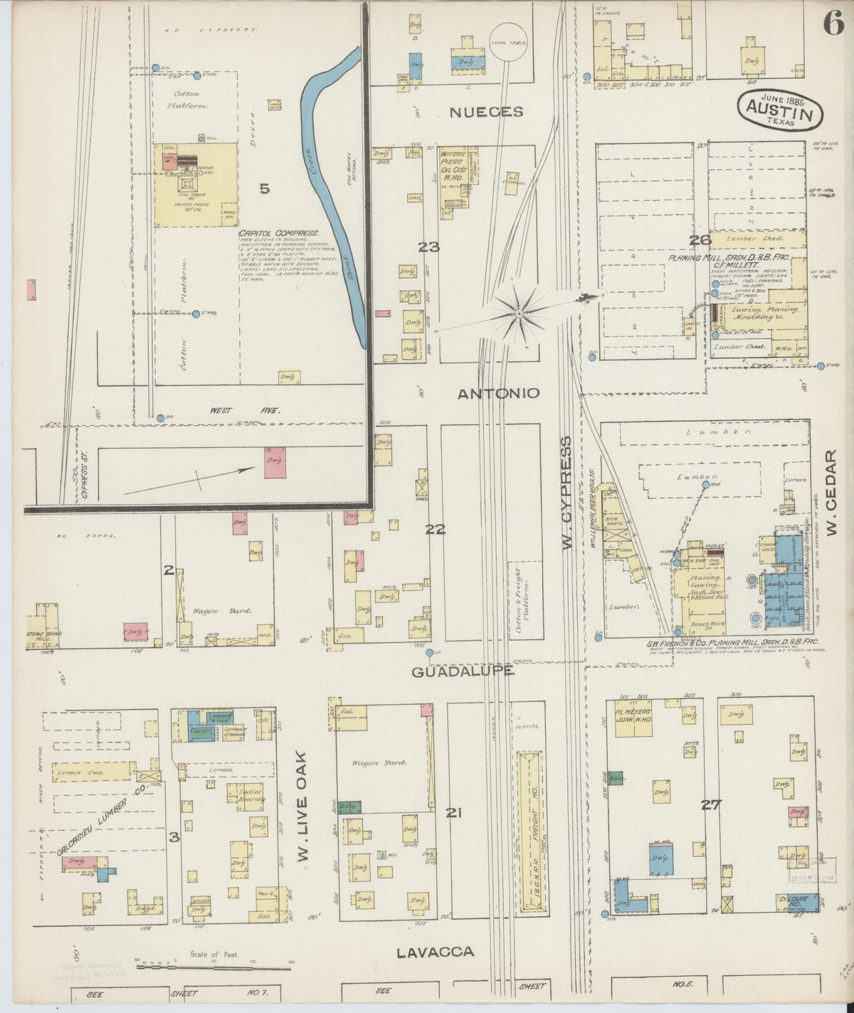 Sanborn Fire Insurance Map from Austin, Travis County, Texas (1885), Sheet #0006 - Complete Map Set gallery image, historic Sanborn map, vintage wall art, Texas Texas