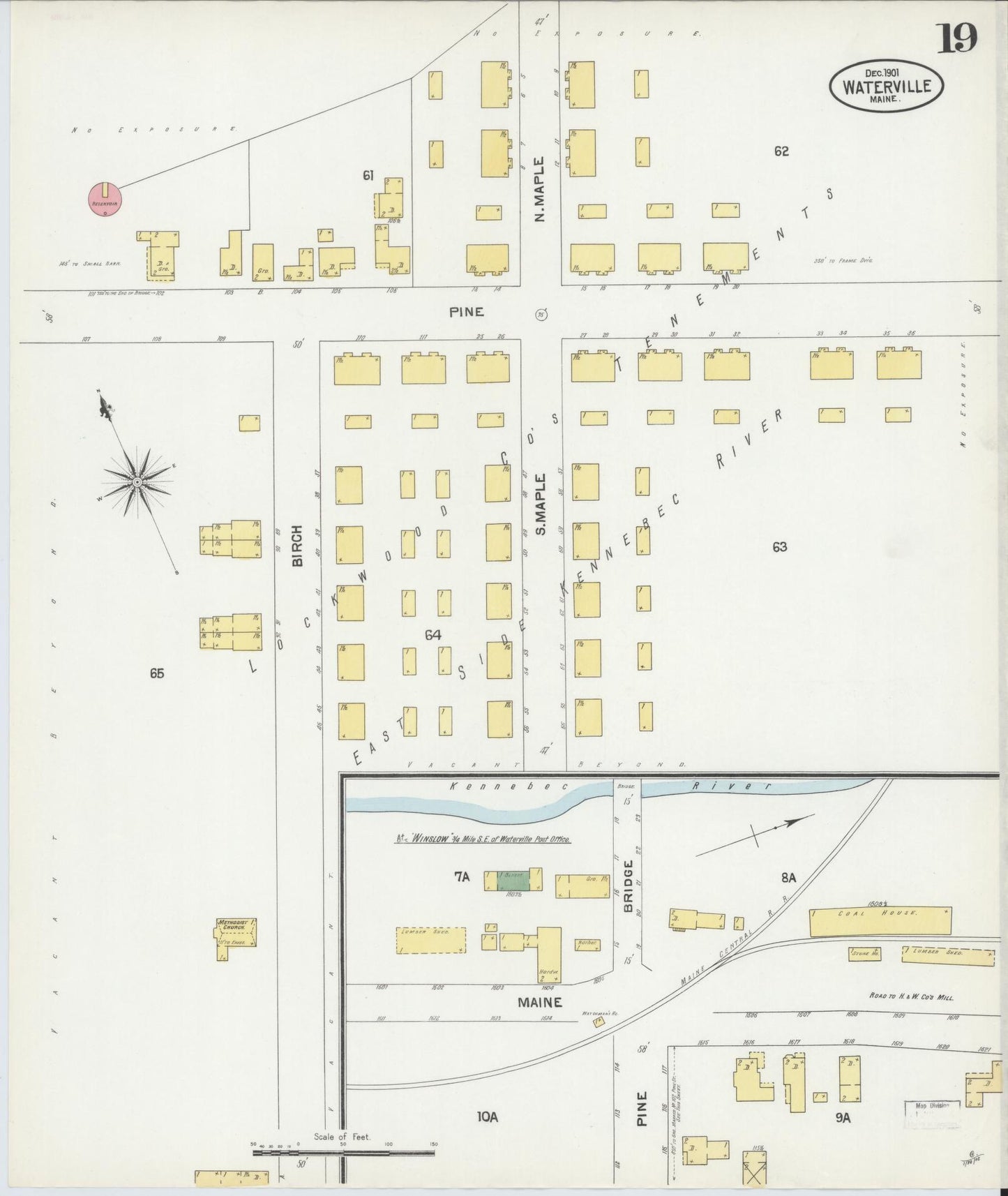 Sanborn Fire Insurance Map from Waterville, Kennebec County, Maine (1901), Sheet #0019 - Historic Sanborn Fire Insurance Map Print, vintage old map wall art, antique decor, genealogy gift, Maine Maine map