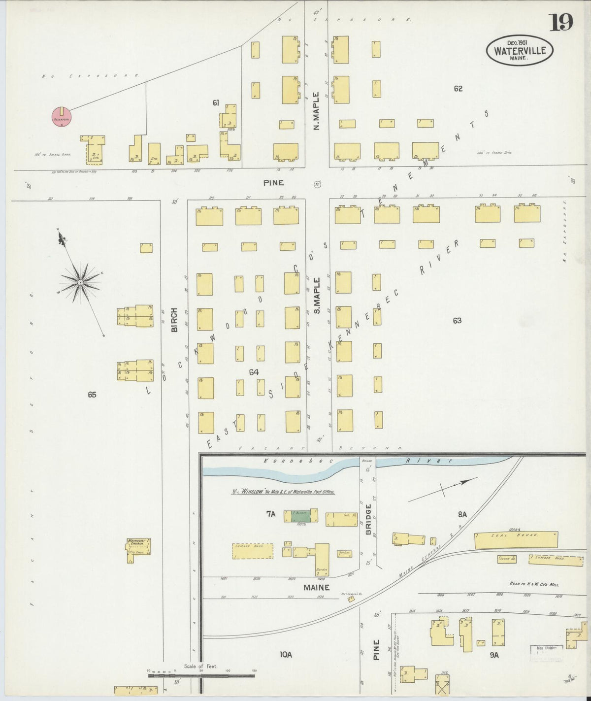 Sanborn Fire Insurance Map from Waterville, Kennebec County, Maine (1901), Sheet #0019 - Historic Sanborn Fire Insurance Map Print, vintage old map wall art, antique decor, genealogy gift, Maine Maine map