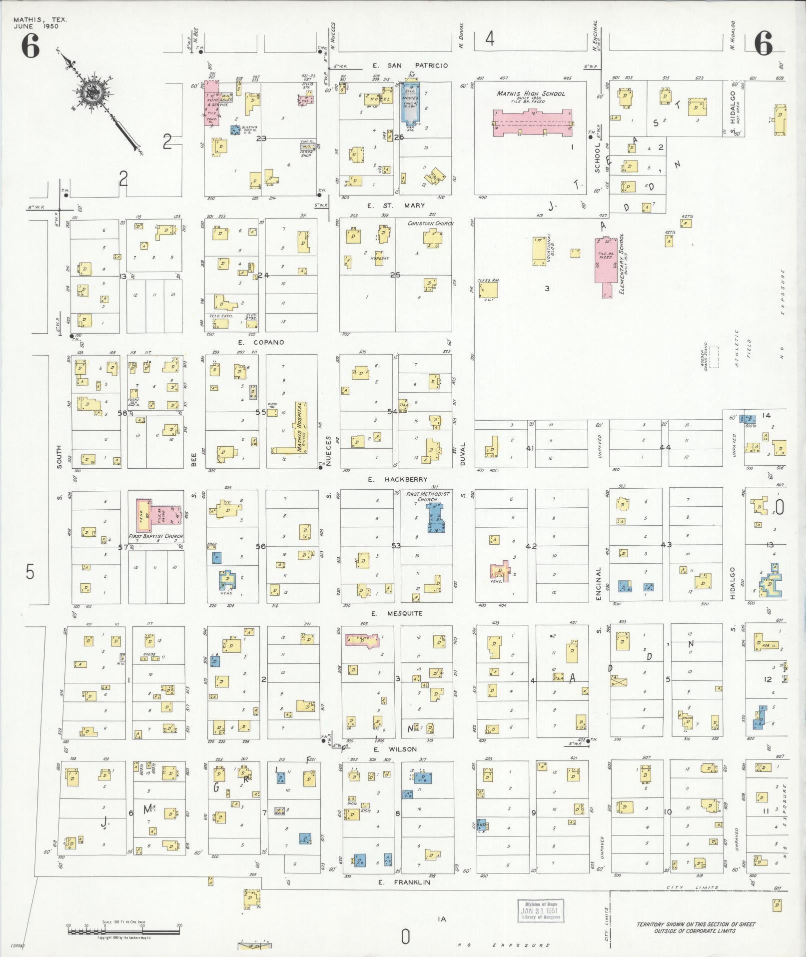 Sanborn Fire Insurance Map from Mathis, San Patricio County, Texas (1950), Sheet #0006 - Historic Sanborn Fire Insurance Map Print, vintage old map wall art, antique decor, genealogy gift, Texas Texas map