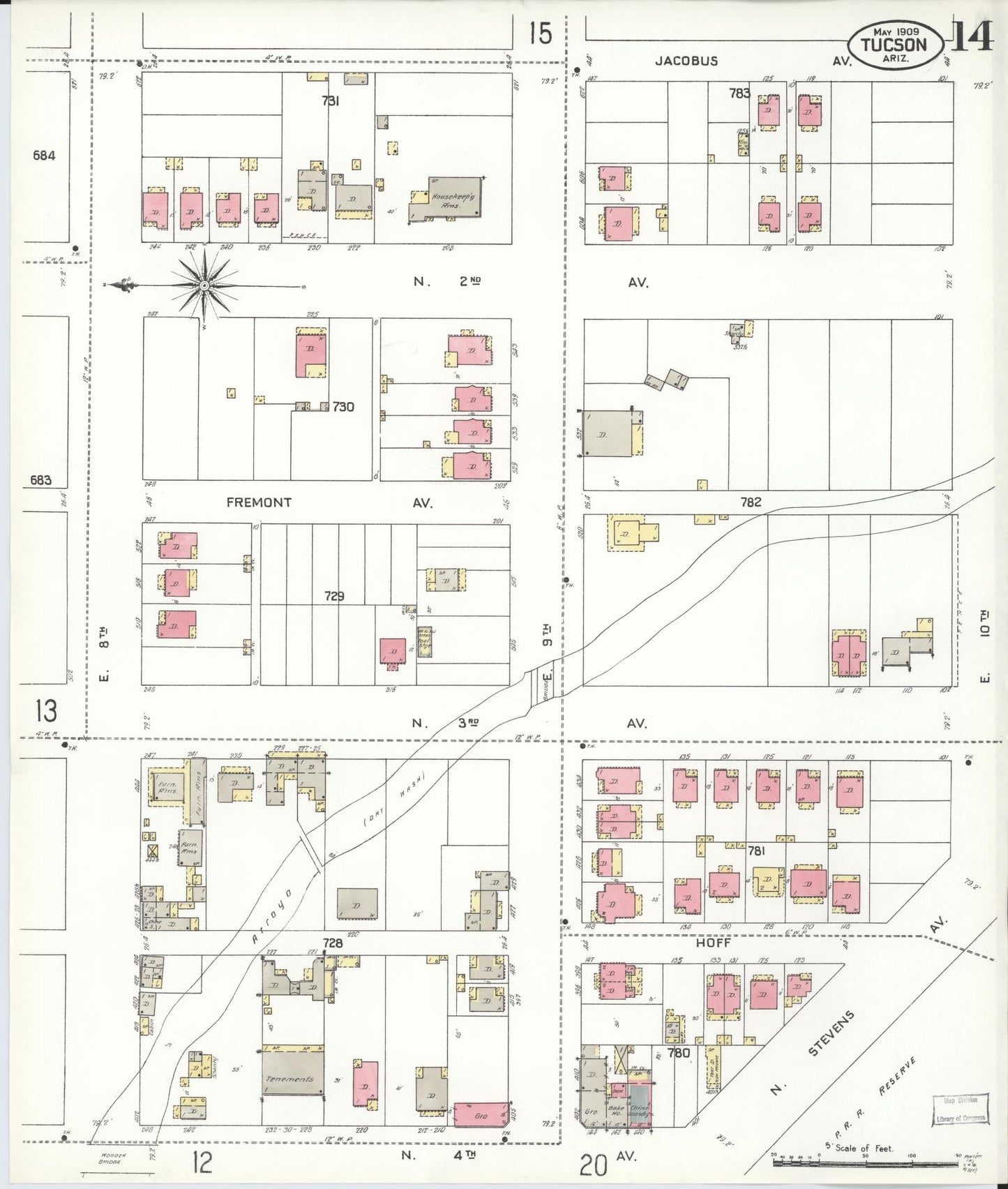 Sanborn Fire Insurance Map from Tucson, Pima County, Arizona (1909), Sheet #0014 - Historic Sanborn Fire Insurance Map Print, vintage old map wall art, antique decor, genealogy gift, Arizona Arizona map