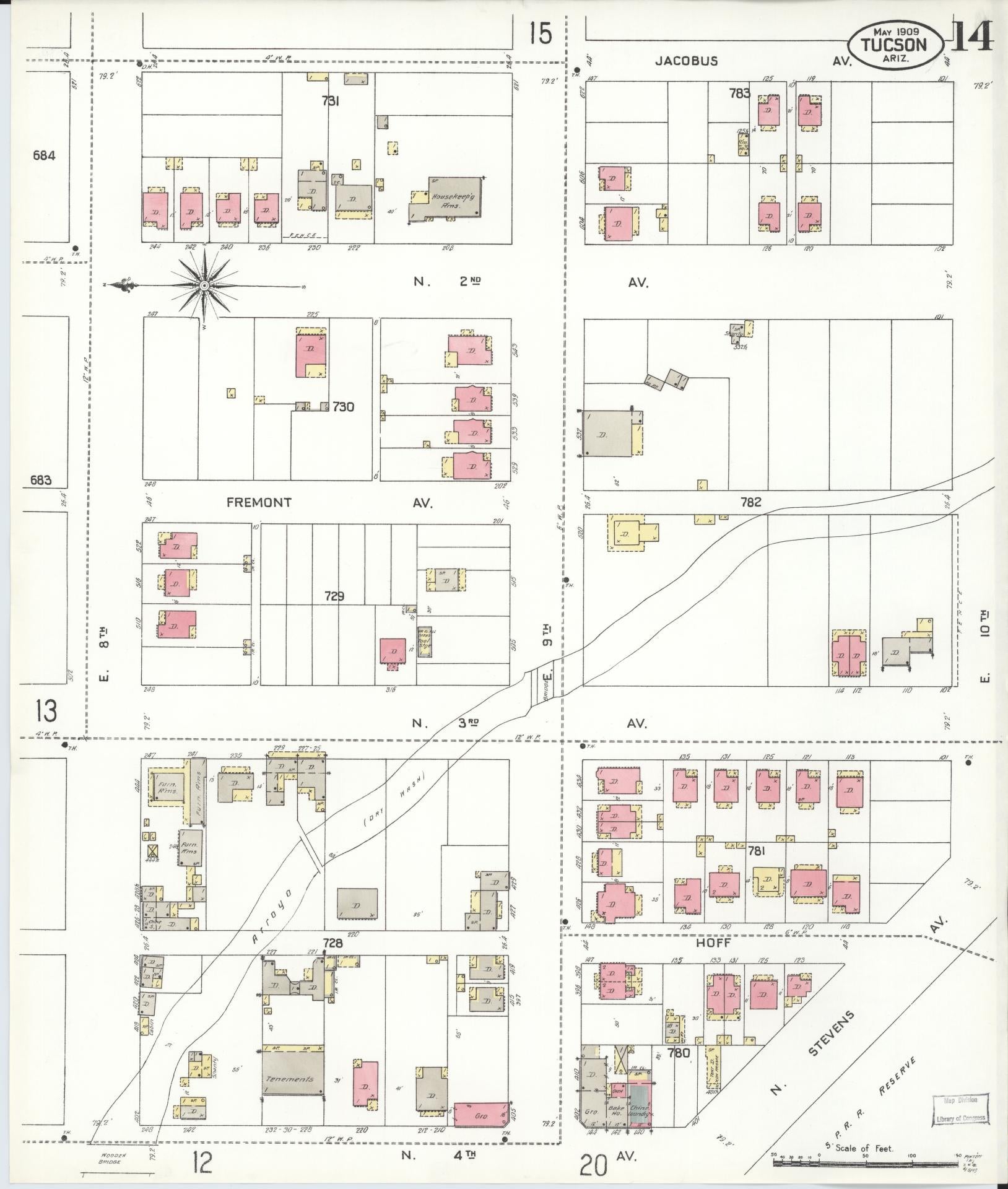 Sanborn Fire Insurance Map from Tucson, Pima County, Arizona (1909), Sheet #0014 - Historic Sanborn Fire Insurance Map Print, vintage old map wall art, antique decor, genealogy gift, Arizona Arizona map
