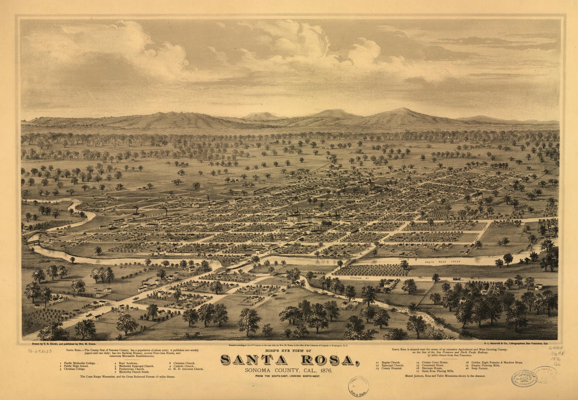 Bird's eye view of Santa Rosa, Sonoma County, Cal., 1876. (1876) – Historic Bird’s-Eye View Panorama Print
