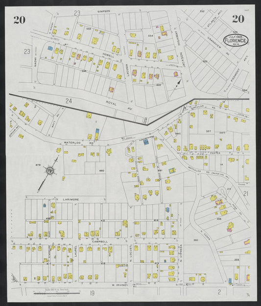 Sanborn Fire Insurance Map from Florence, Lauderdale County, Alabama (1928), Sheet #0020 - Historic Sanborn Fire Insurance Map Print, vintage old map wall art, antique decor, genealogy gift, Alabama Alabama map