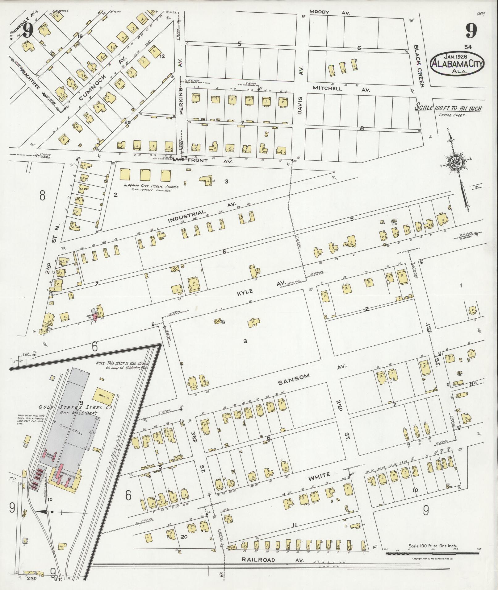Sanborn Fire Insurance Map from Alabama City, Etowah County, Alabama (1926), Sheet #0009 - Complete Map Set gallery image, historic Sanborn map, vintage wall art, Alabama Alabama