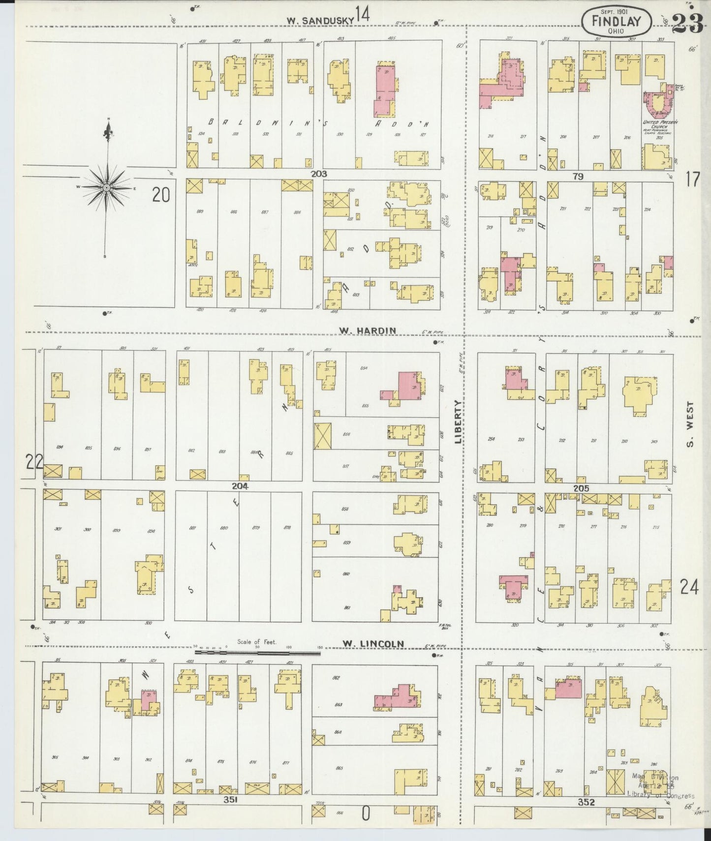 Sanborn Fire Insurance Map from Findlay, Hancock County, Ohio (1901), Sheet #0023 - Historic Sanborn Fire Insurance Map Print, vintage old map wall art, antique decor, genealogy gift, Ohio Ohio map