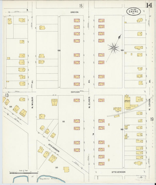 Sanborn Fire Insurance Map from Sayre, Bradford County, Pennsylvania (1909), Sheet #0014 - Historic Sanborn Fire Insurance Map Print, vintage old map wall art, antique decor, genealogy gift, Pennsylvania Pennsylvania map