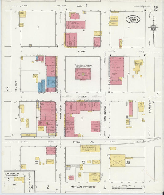 Sanborn Fire Insurance Map from Perry, Taylor County, Florida (1917), Sheet #0002 - Historic Sanborn Fire Insurance Map Print, vintage old map wall art, antique decor, genealogy gift, Florida Florida map
