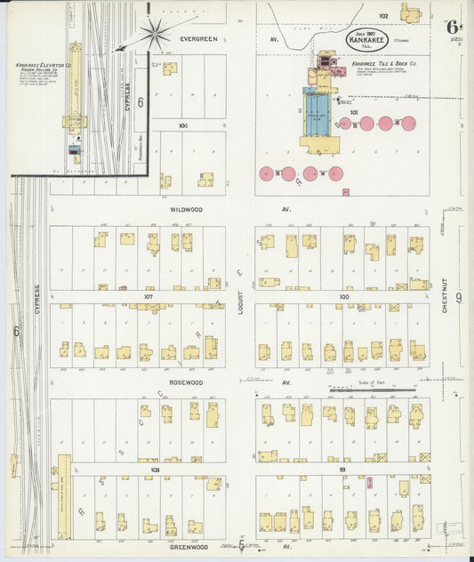 Sanborn Fire Insurance Map from Kankakee, Kankakee County, Illinois (1907), Sheet #0006 - Historic Sanborn Fire Insurance Map Print, vintage old map wall art, antique decor, genealogy gift, Illinois Illinois map