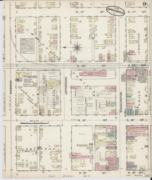 Sanborn Fire Insurance Map from Springfield, Sangamon County, Illinois (1884), Sheet #0009 - Historic Sanborn Fire Insurance Map Print, vintage old map wall art, antique decor, genealogy gift, Illinois Illinois map