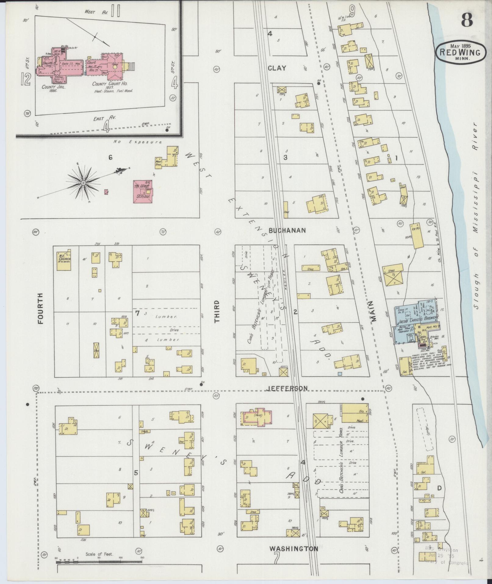Sanborn Fire Insurance Map from Red Wing, Goodhue County, Minnesota (1895), Sheet #0008 - Historic Sanborn Fire Insurance Map Print, vintage old map wall art, antique decor, genealogy gift, Minnesota Minnesota map