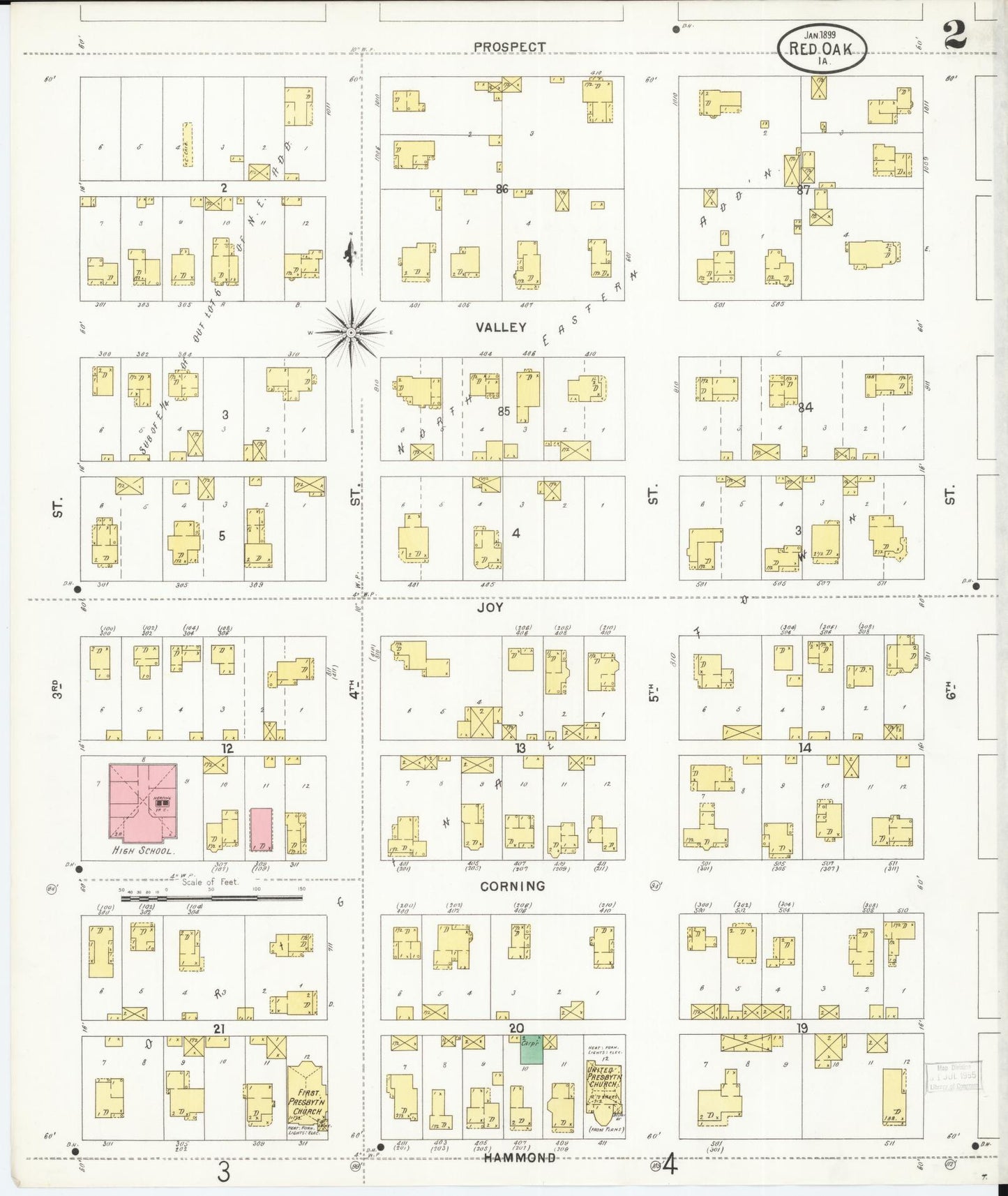 Sanborn Fire Insurance Map from Red Oak, Montgomery County, Iowa (1899), Sheet #0002 - Historic Sanborn Fire Insurance Map Print, vintage old map wall art