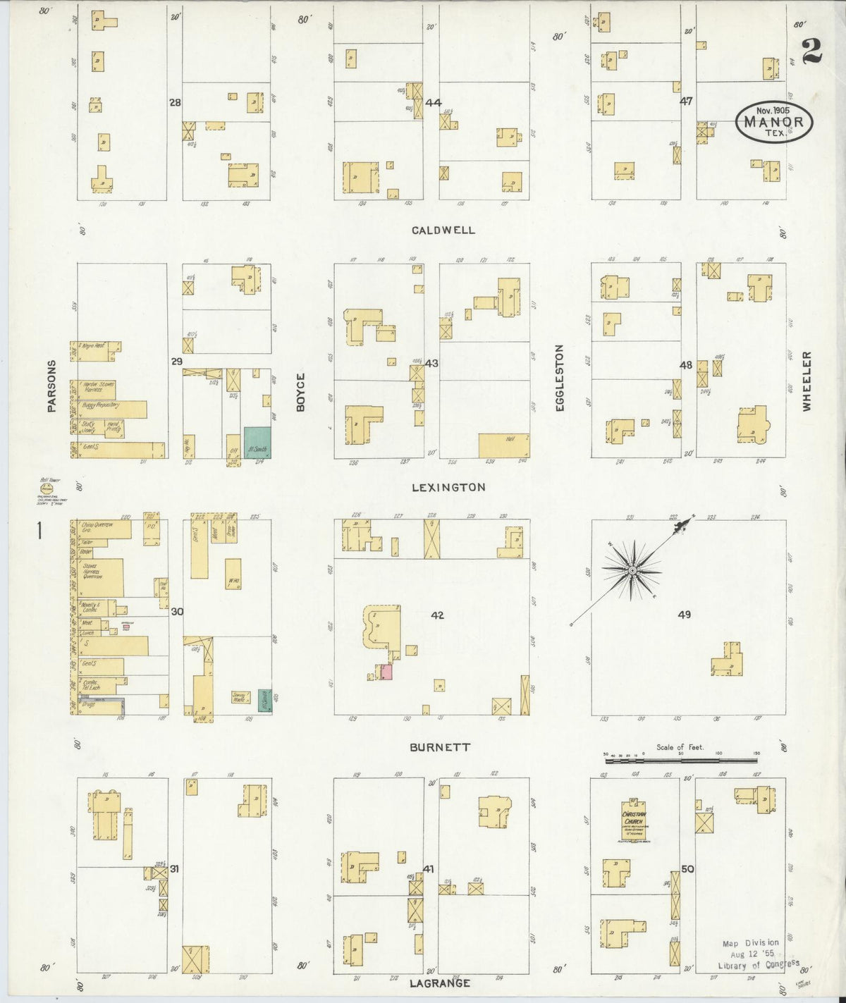 Sanborn Fire Insurance Map from Manor, Travis County, Texas (1905), Sheet #0002 - Complete Map Set gallery image, historic Sanborn map, vintage wall art, Texas Texas