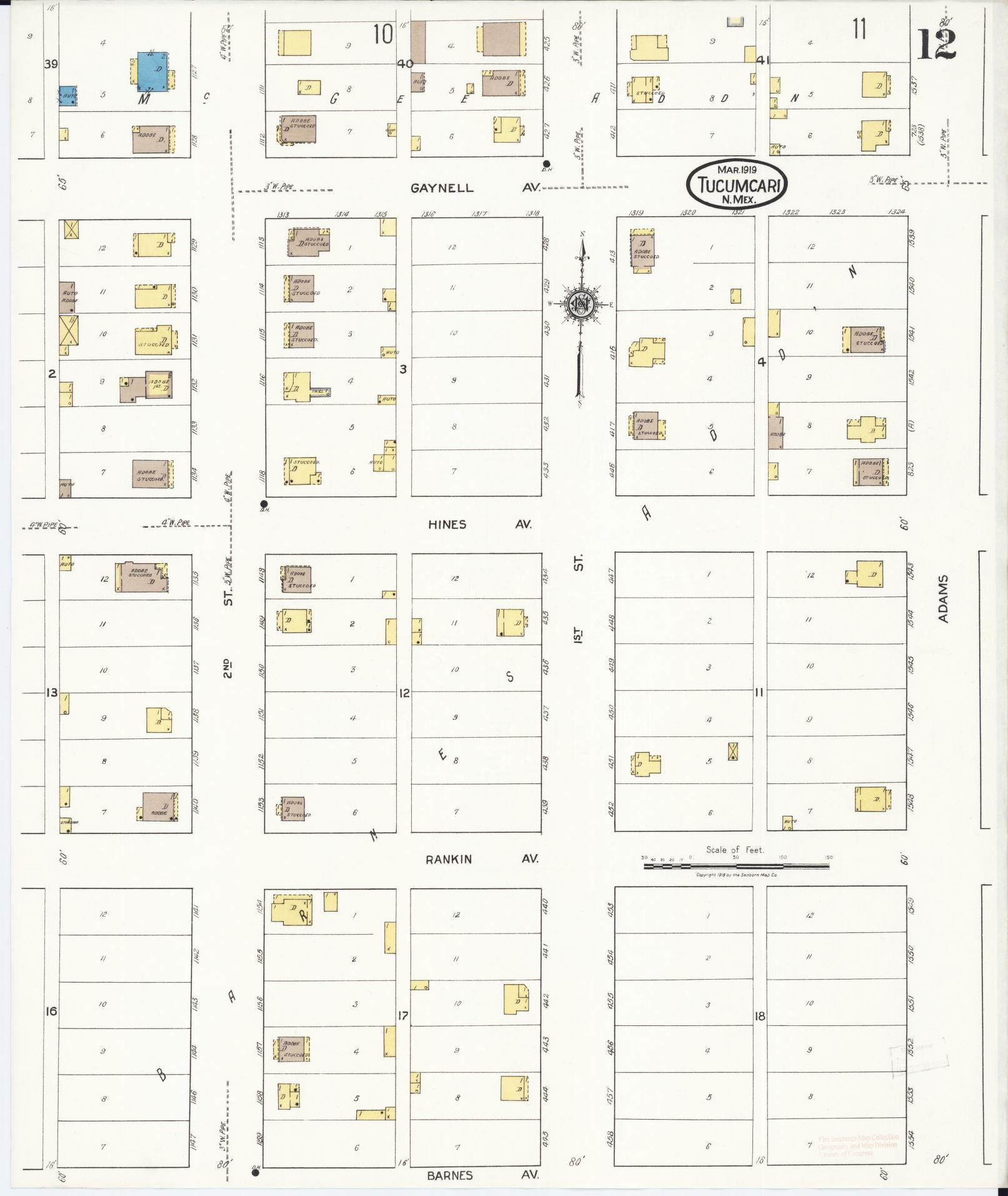 Sanborn Fire Insurance Map from Tucumcari, Quay County, New Mexico (1919), Sheet #0012 - Historic Sanborn Fire Insurance Map Print, vintage old map wall art, antique decor, genealogy gift, New Mexico New Mexico map
