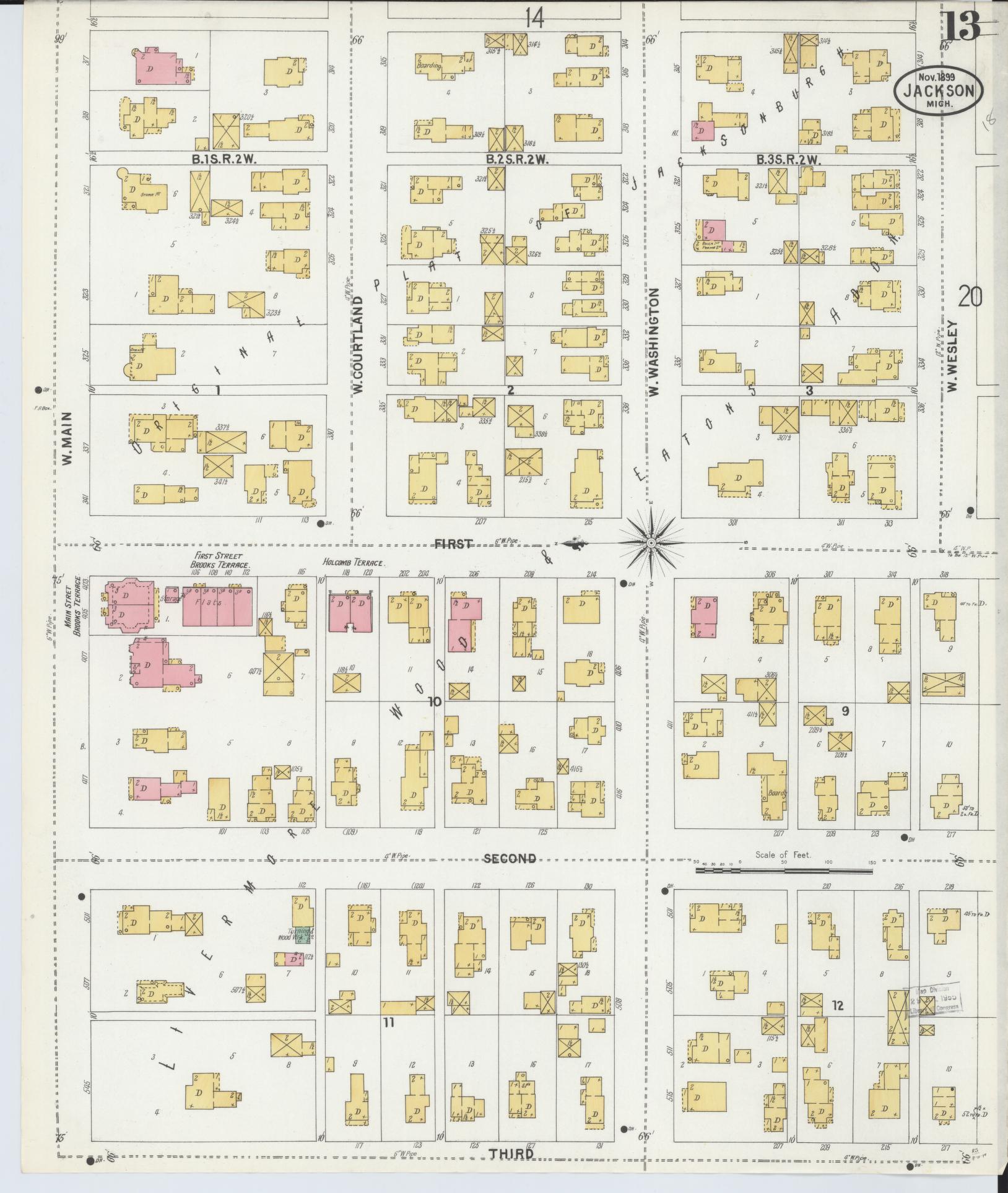 Sanborn Fire Insurance Map from Jackson, Jackson County, Michigan (1899), Sheet #0013 - Historic Sanborn Fire Insurance Map Print, vintage old map wall art, antique decor, genealogy gift, Michigan Michigan map