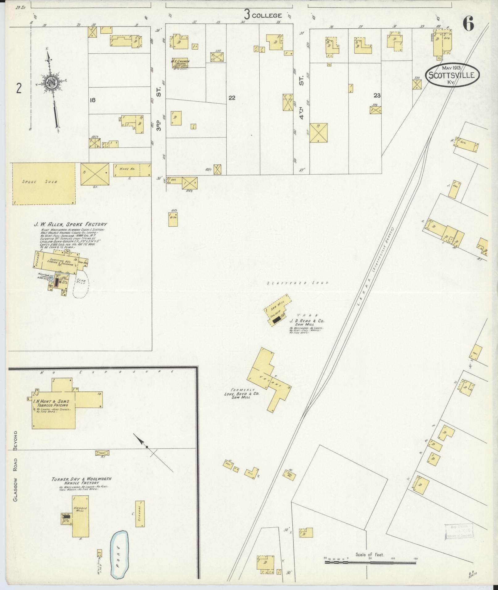 Sanborn Fire Insurance Map from Scottsville, Allen County, Kentucky (1913), Sheet #0006 - Historic Sanborn Fire Insurance Map Print, vintage old map wall art, antique decor, genealogy gift, Kentucky Kentucky map